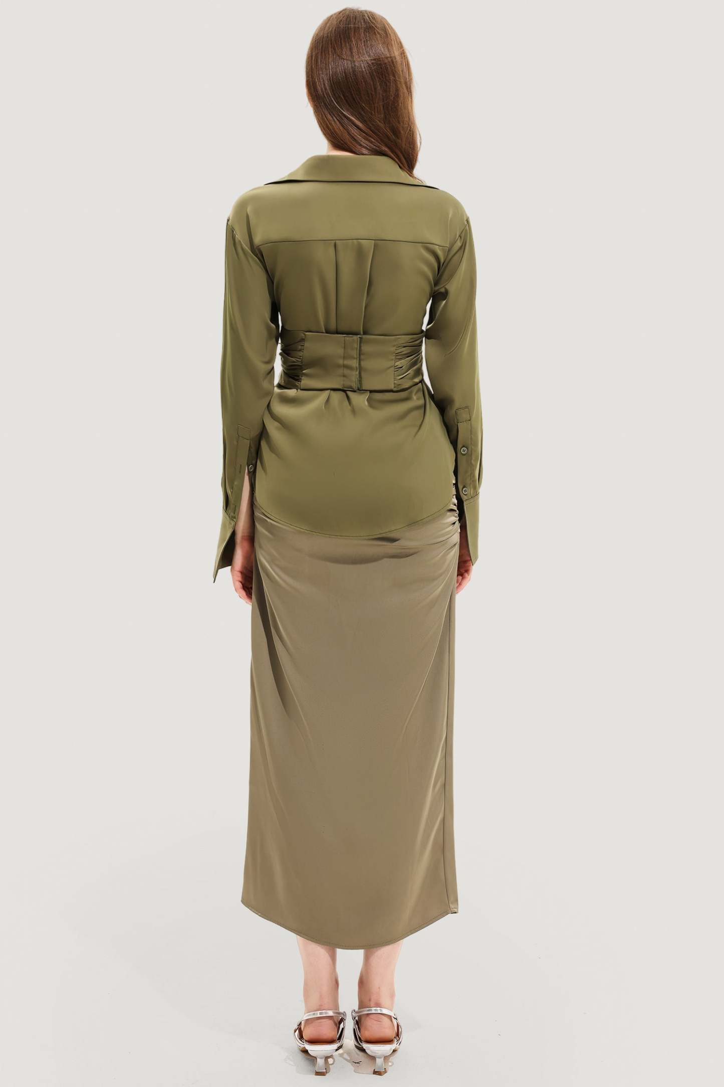 Long Sleeve Lapel Wrapped Maxi Dress Set Green