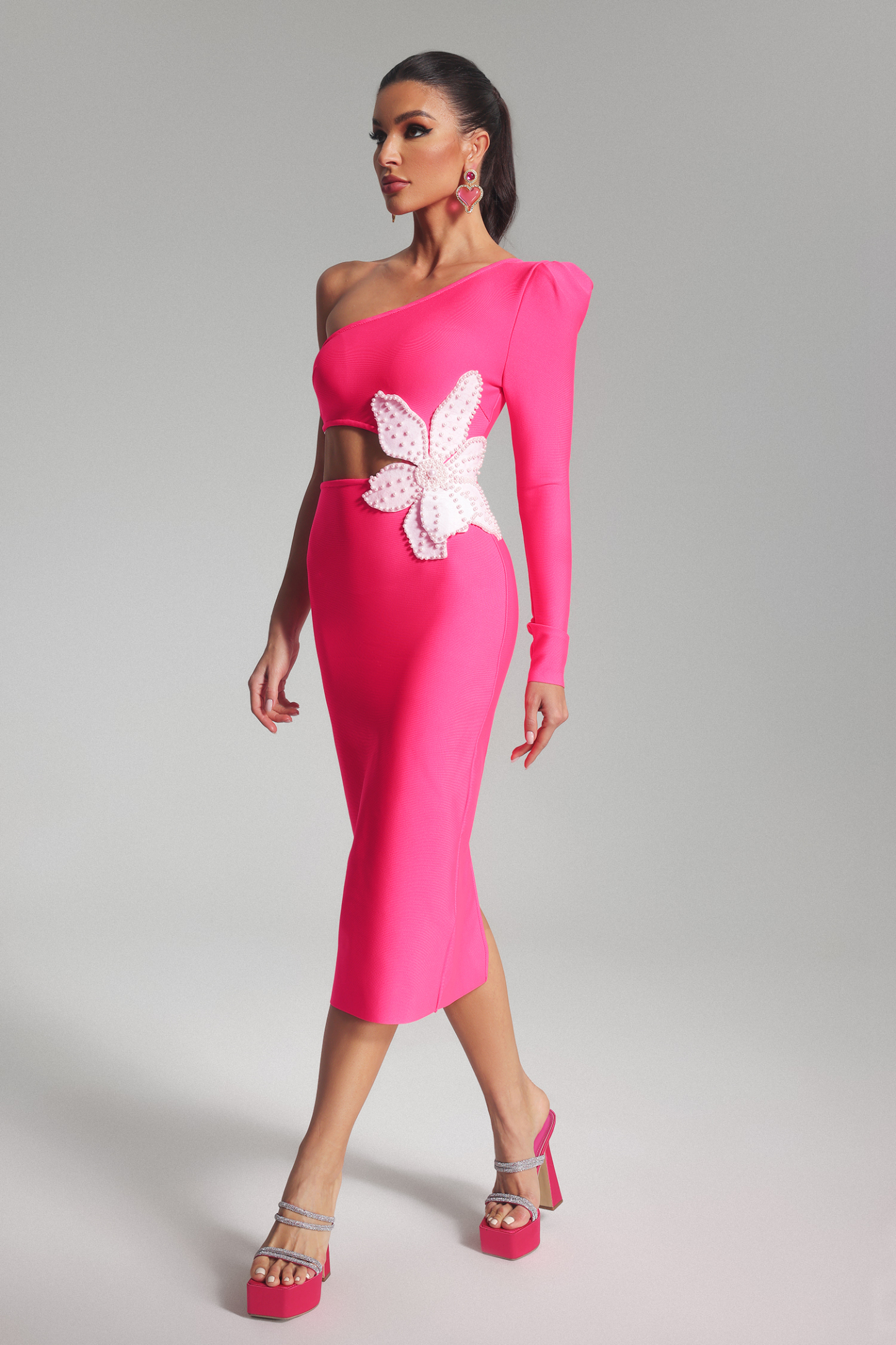 Brook Floral One Shoulder Bandage Dress-Pink