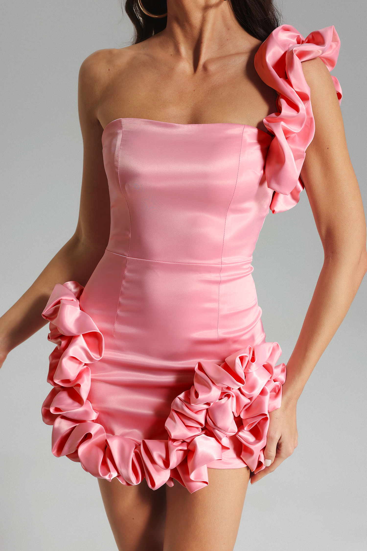 Demi One Shoulder Satin Mini Dress-Pink