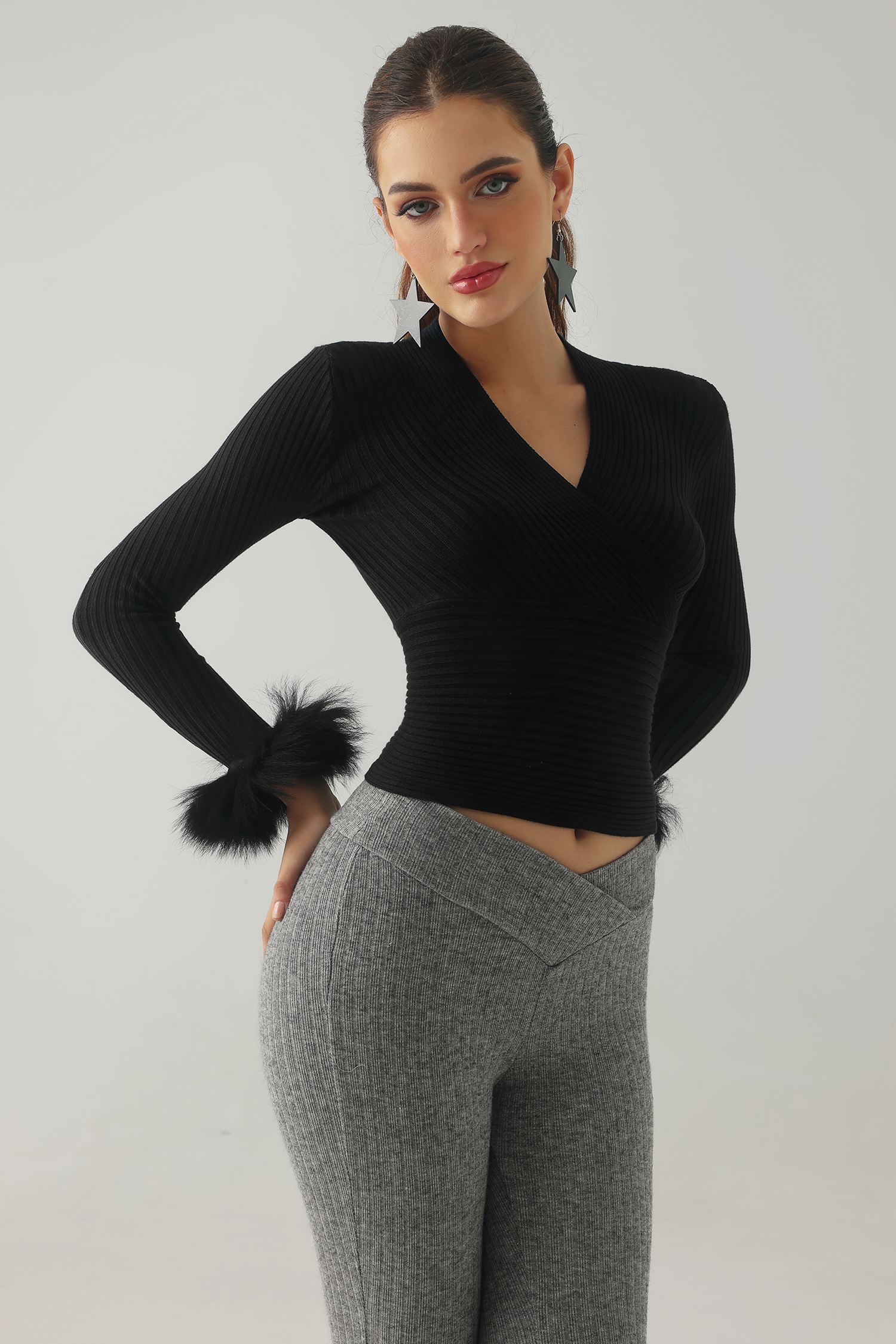 Myka Feather Knitted Top - Black