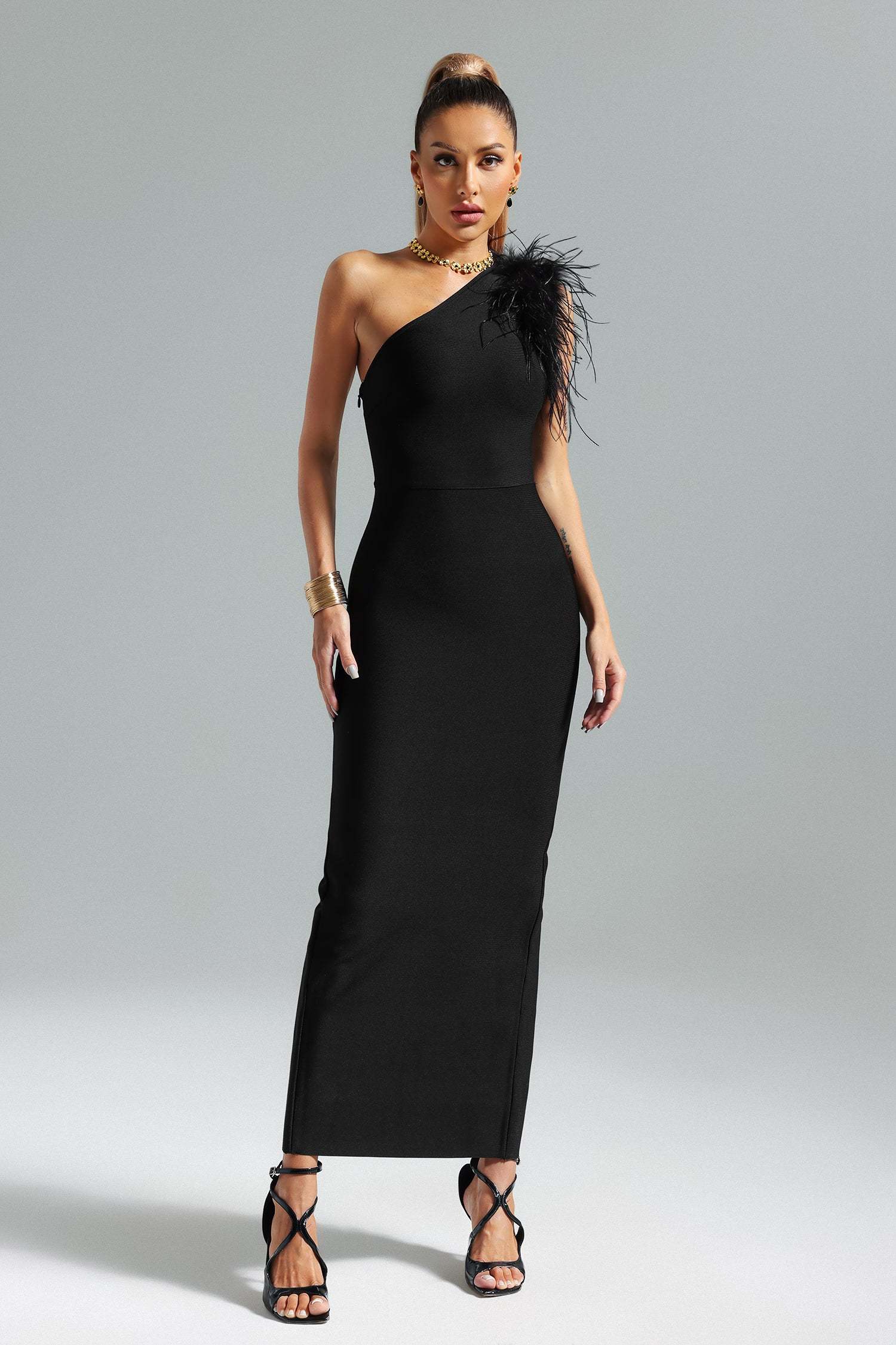 Dora One Shoulder Feather Bandage Dress