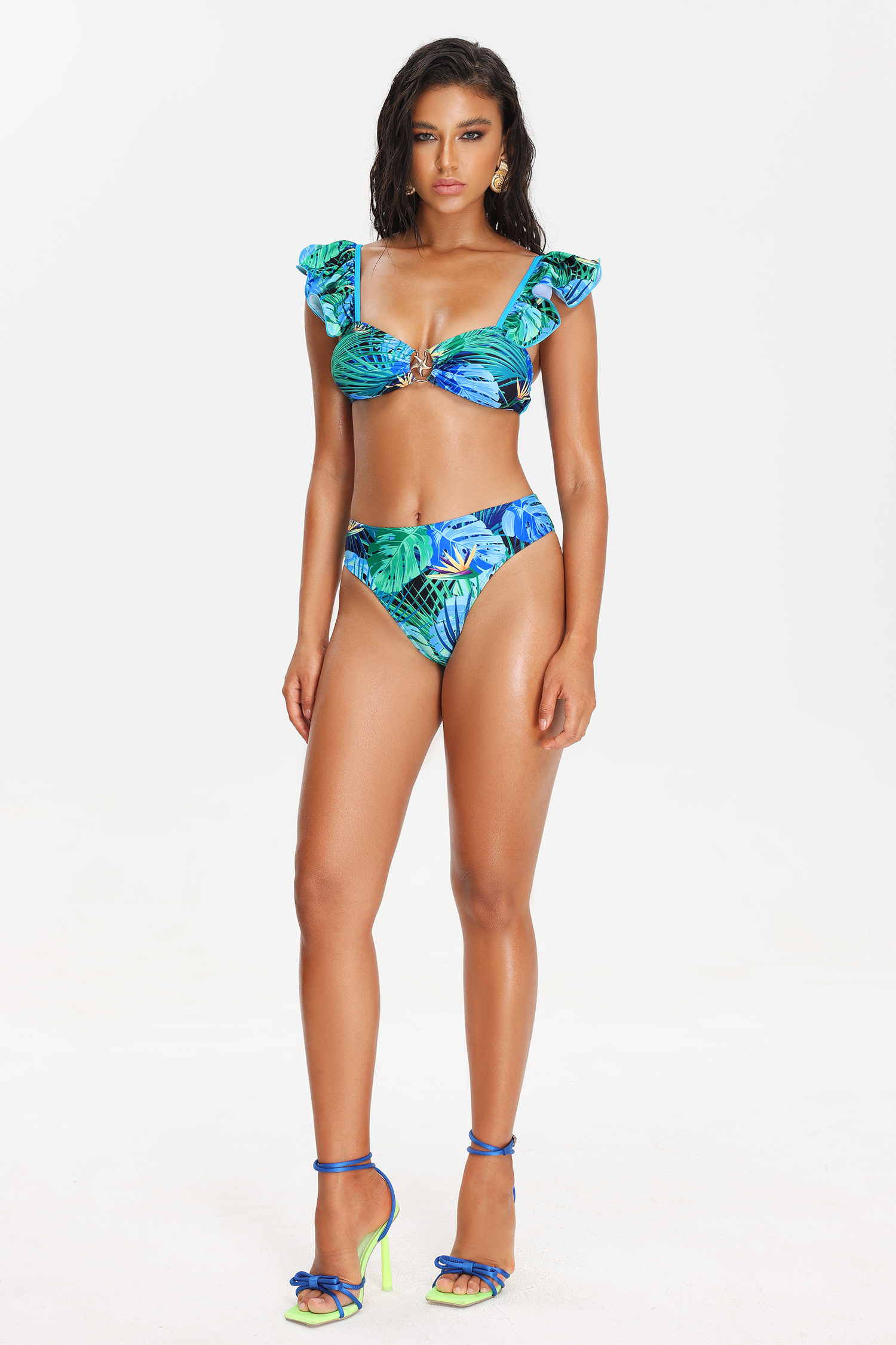 Dora Ruffled Design Leaves Print Bikini