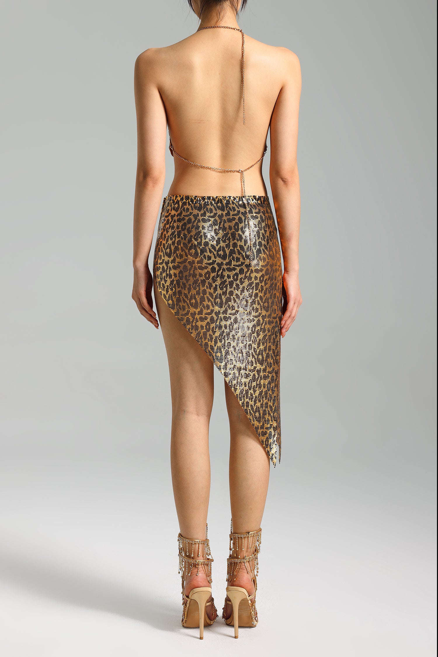 Mauris Leopard Metal Halter Skirt Set