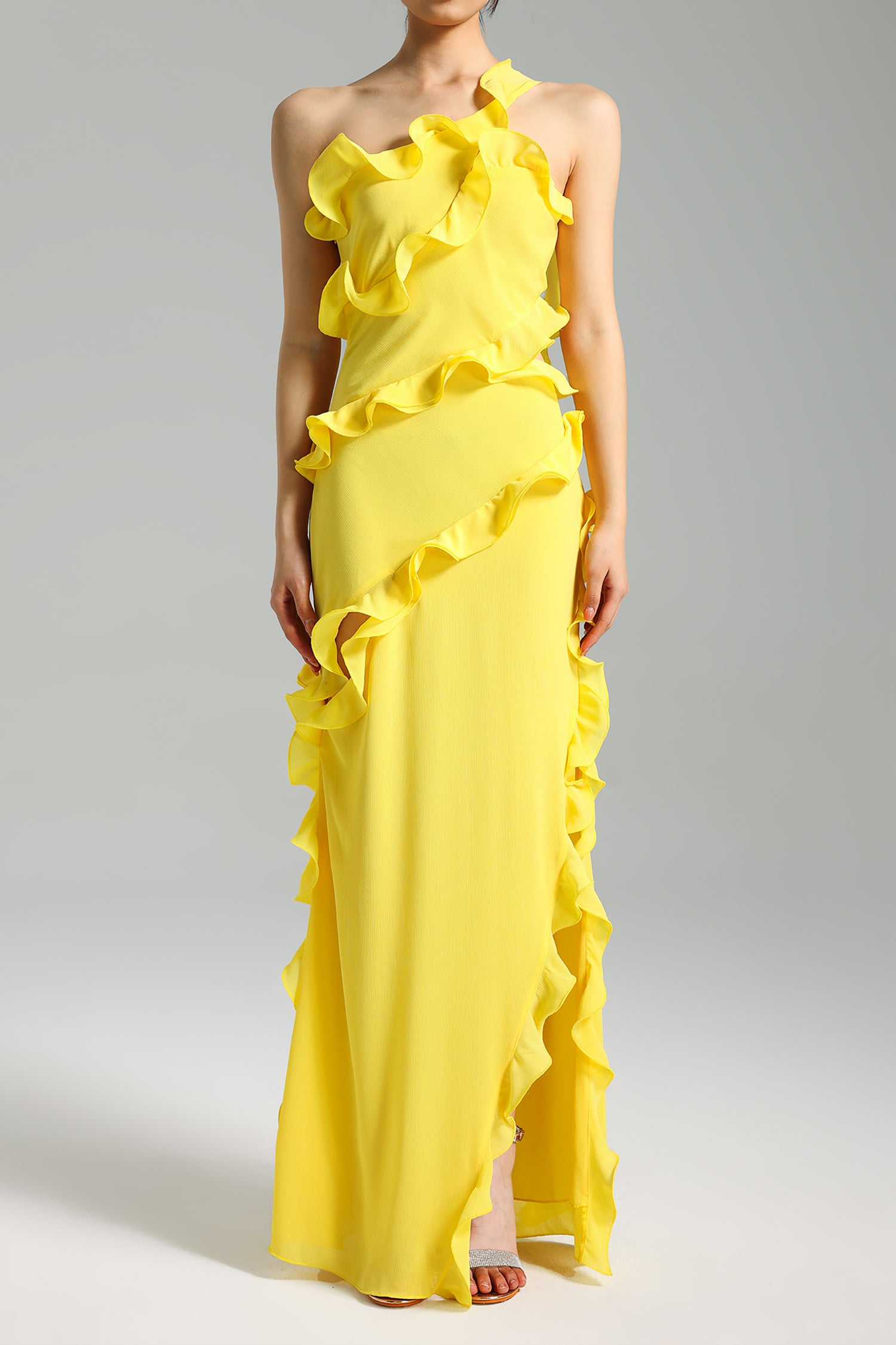 Mota Ruffled One Shoulder Slit Dress