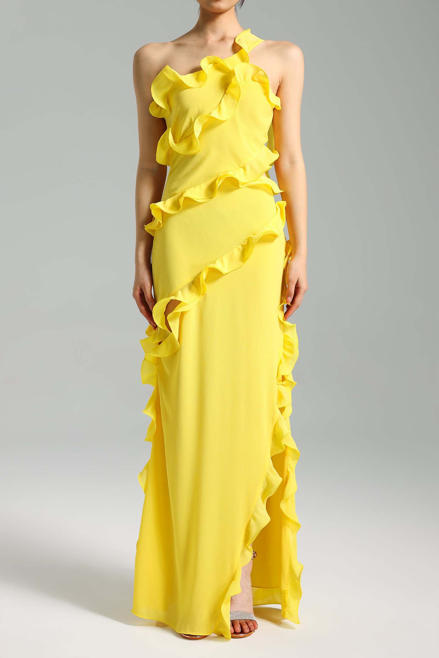 Mota Ruffled One Shoulder Slit Dress