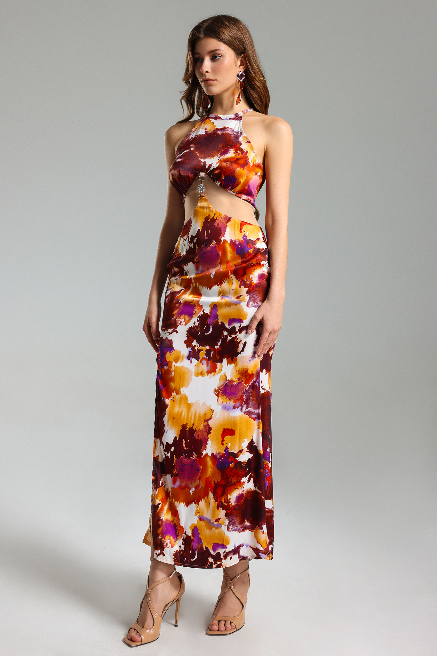 Johe Flower Print Mesh Halter Slit Dress