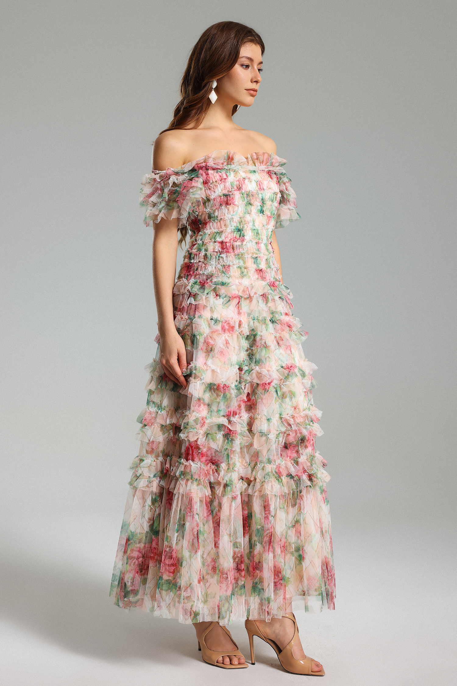 Qearl Floral Off Shoulder Pleated Maxi Dress