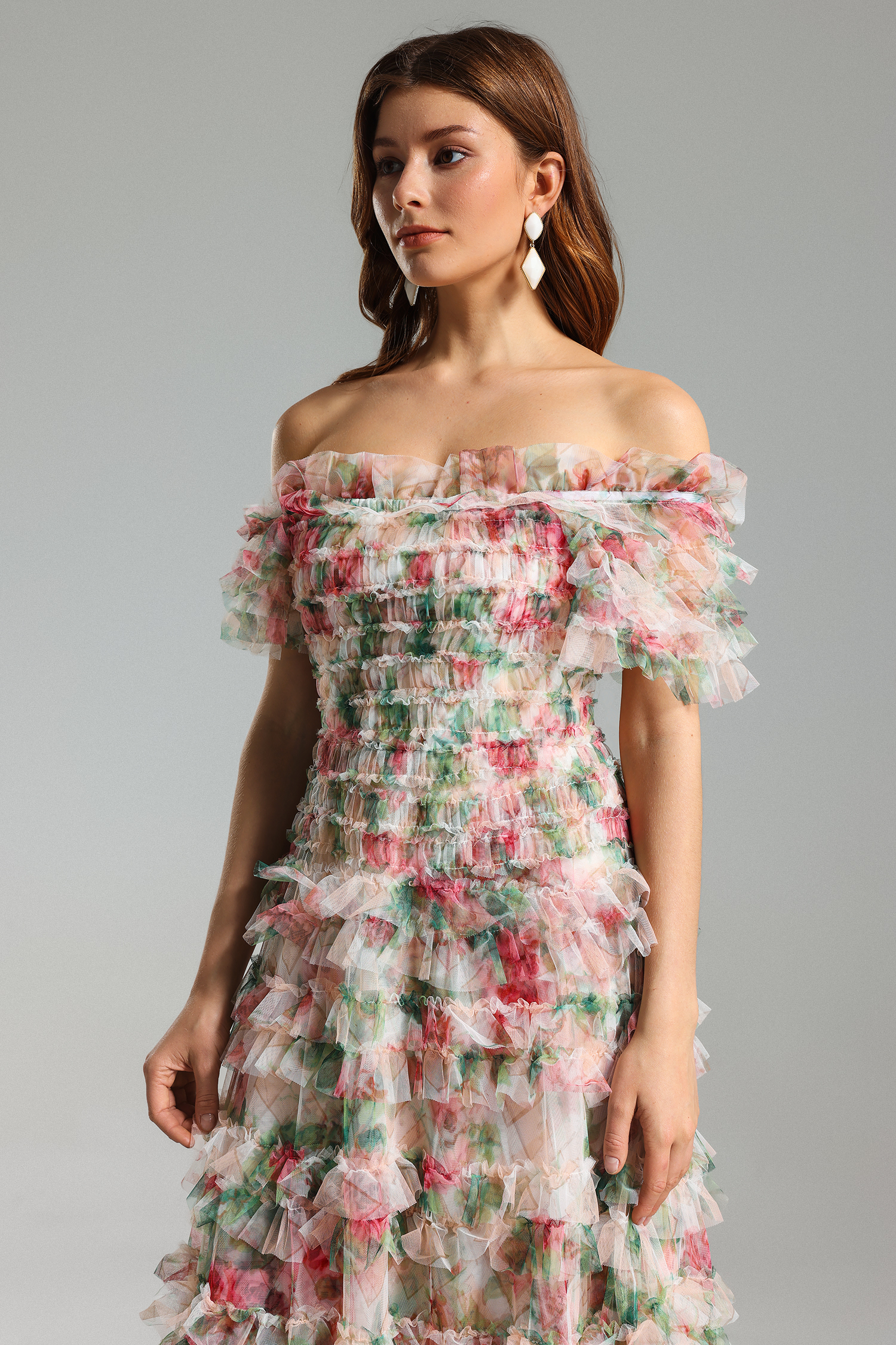 Qearl Floral Off Shoulder Pleated Maxi Dress