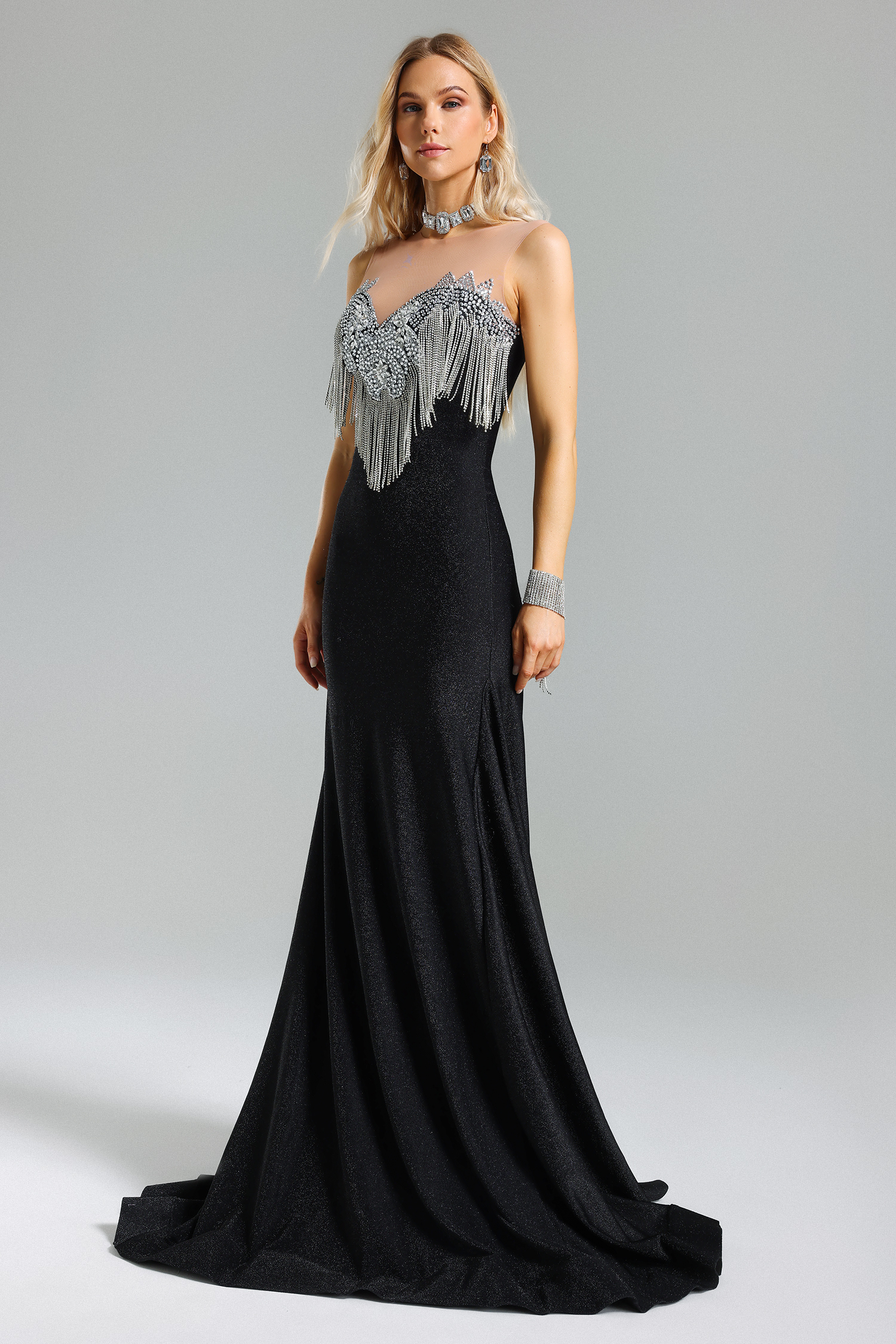 Yeney Diamante Fringe Maxi Dress