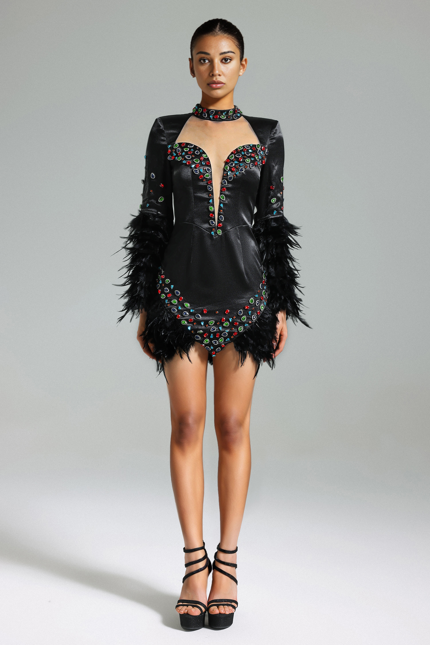 Glenora Diamante Mesh Feather Mini Dress