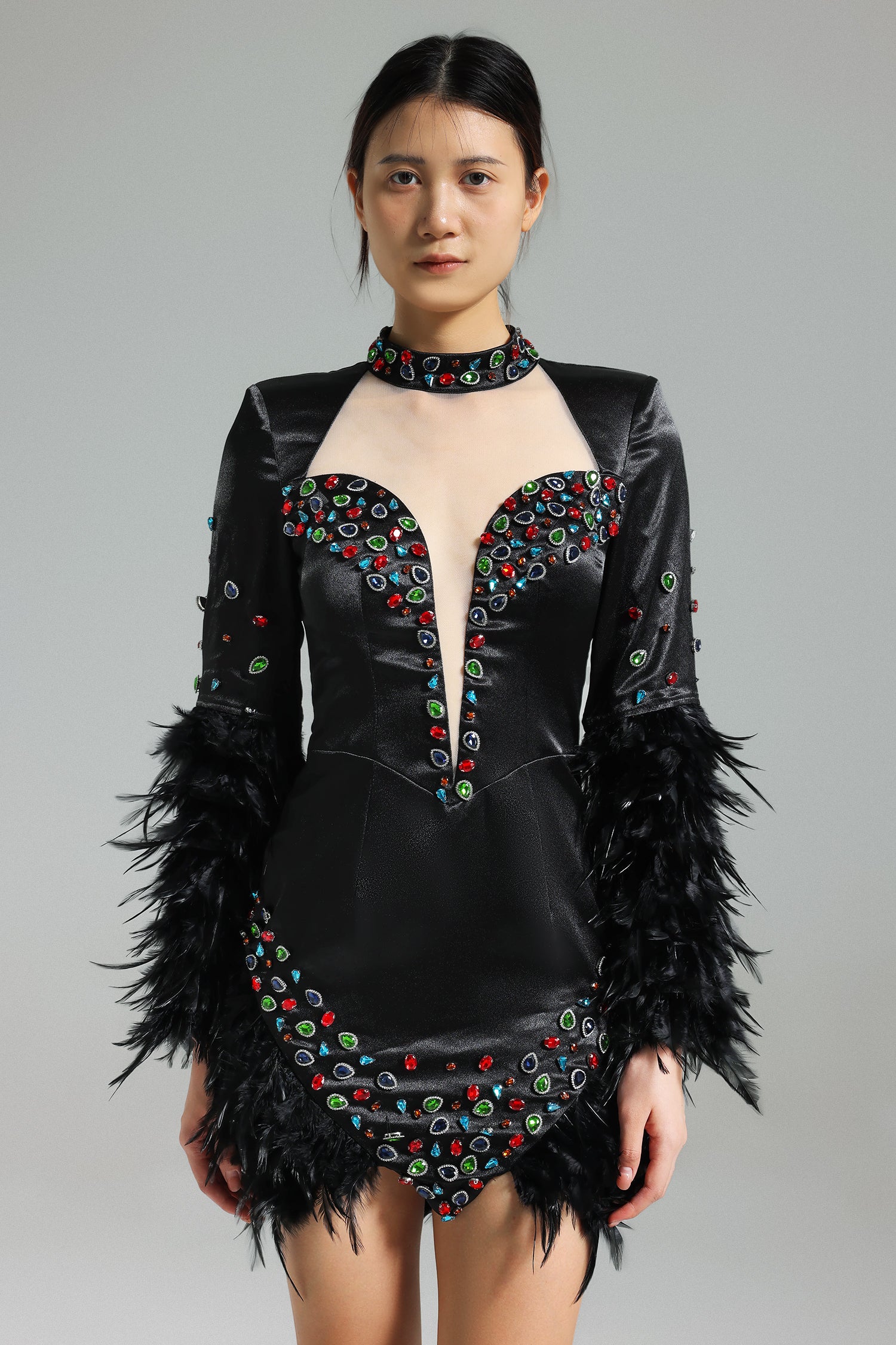 Glenora Diamante Mesh Feather Mini Dress