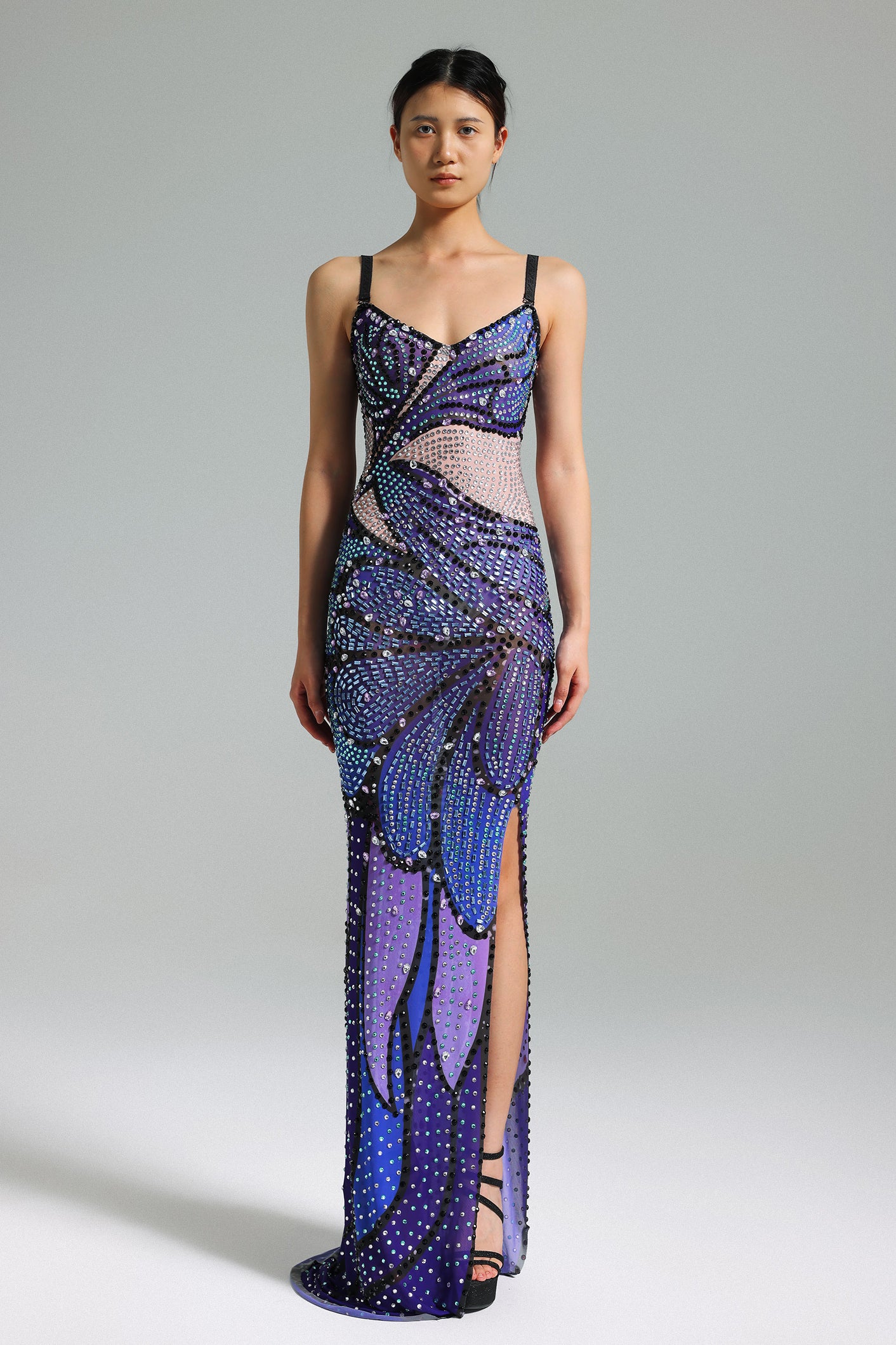 Sling Diamante Printed Slit Dress