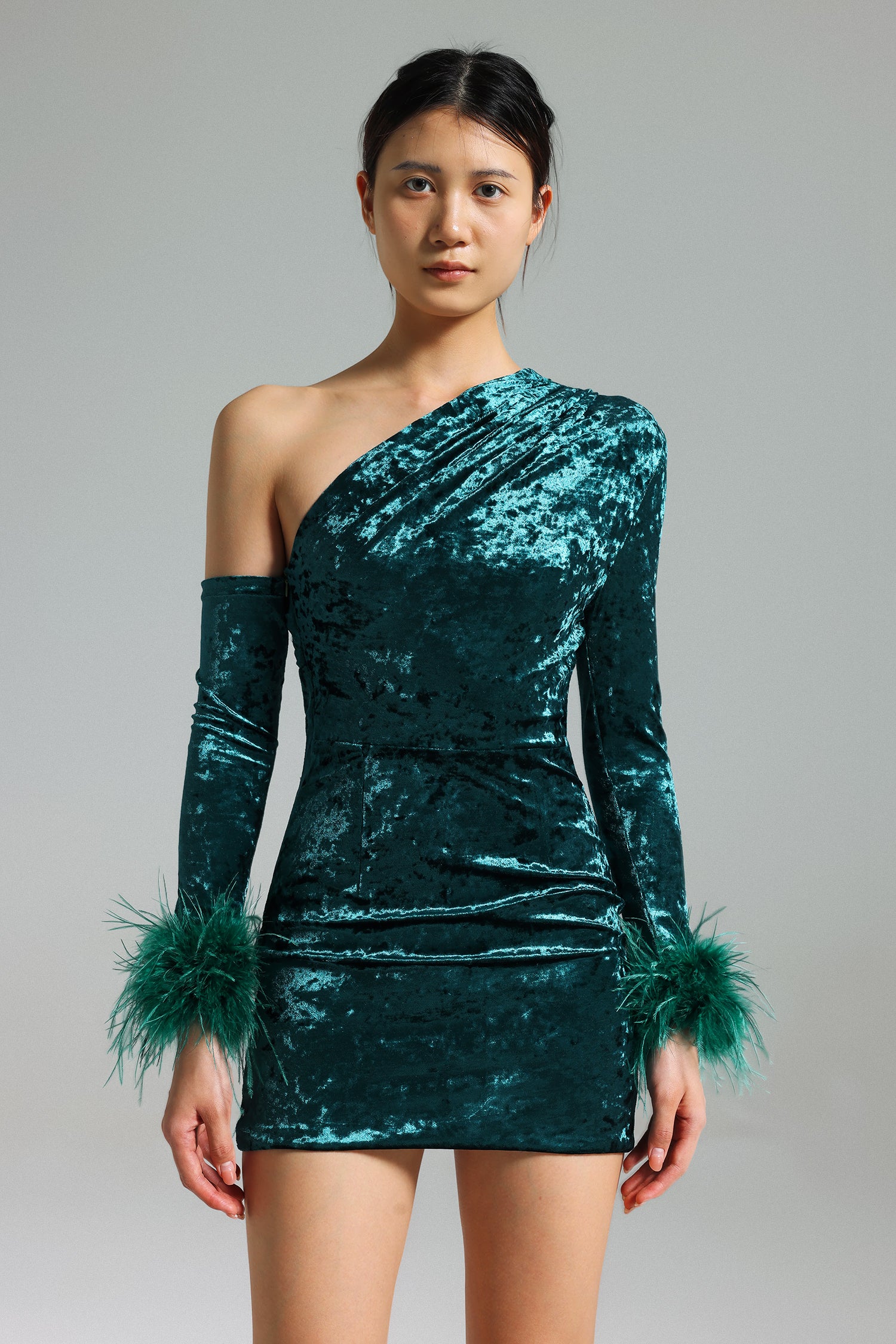 Kianala Skew Shoulder Velvet Feather Mini Dress