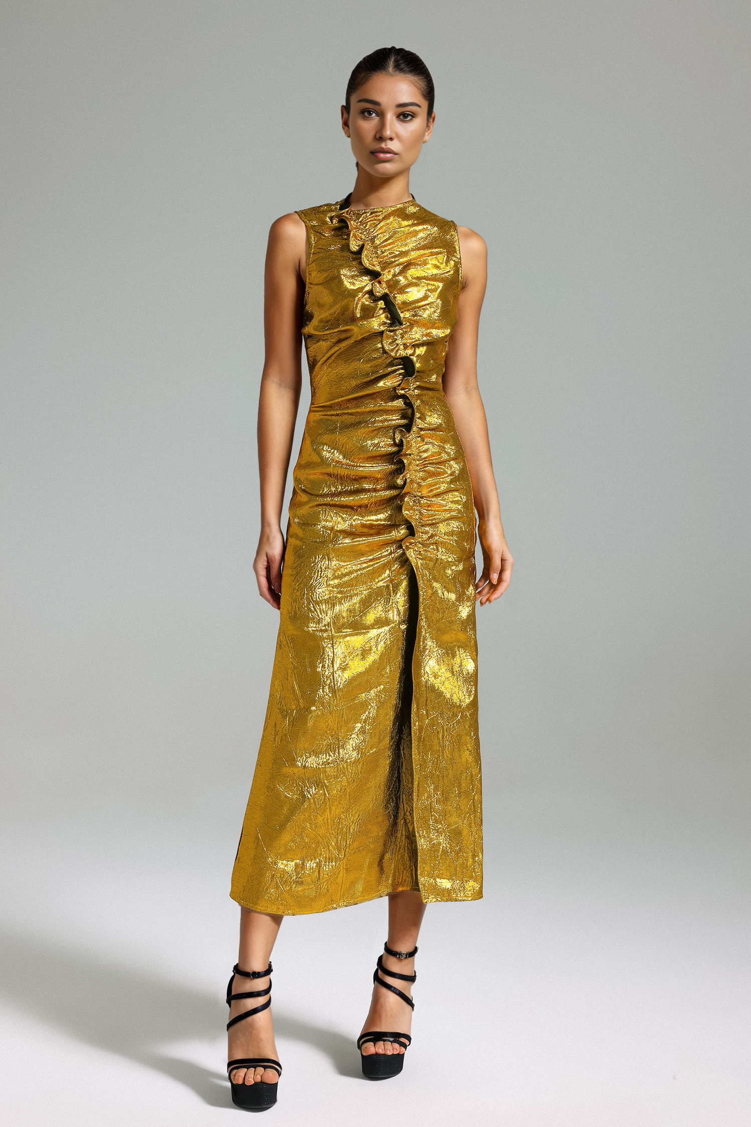 Suku Pleated Metallic Slit Dress