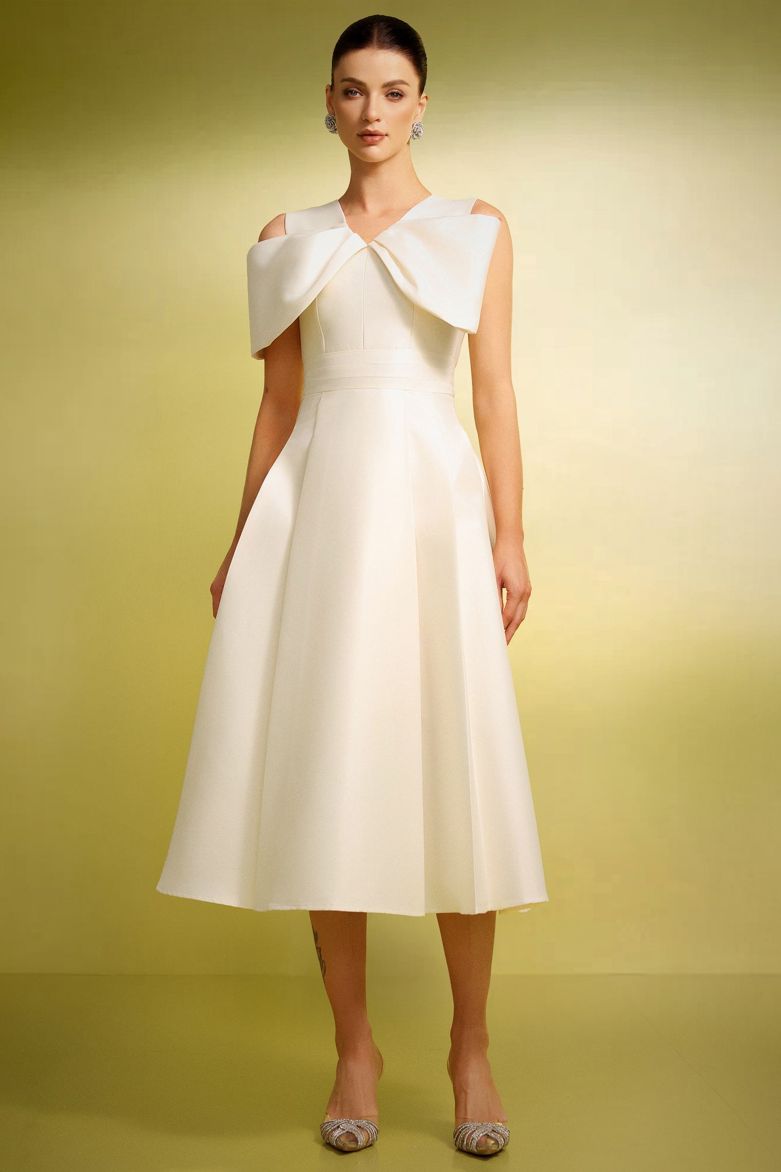 Spiral Off-The-Shoulder V-Neck Bow Maxi Dress