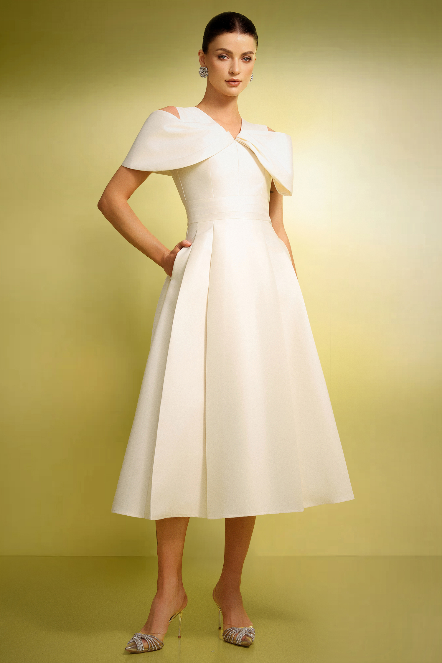 Spiral Off-The-Shoulder V-Neck Bow Maxi Dress