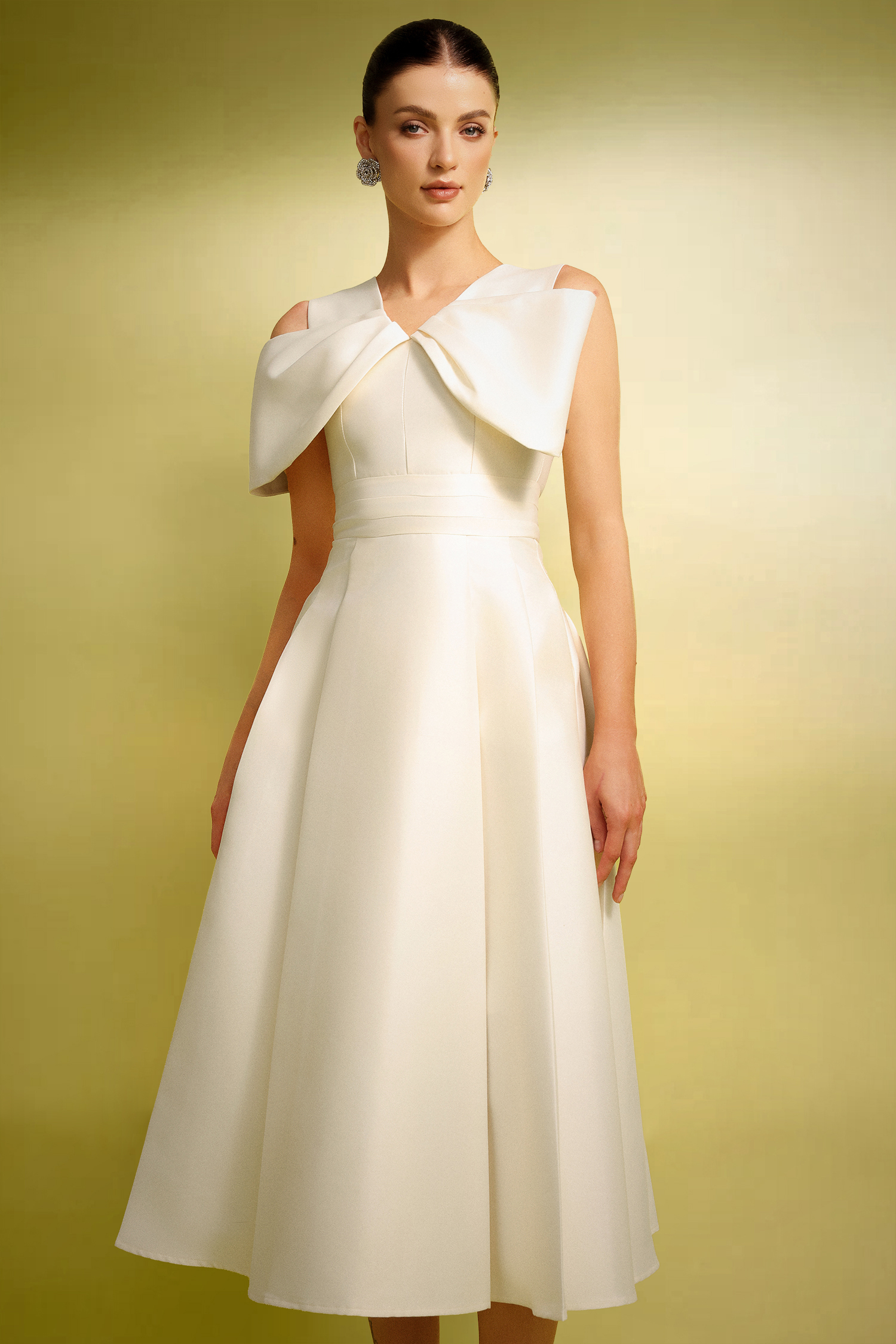 Spiral Off-The-Shoulder V-Neck Bow Maxi Dress