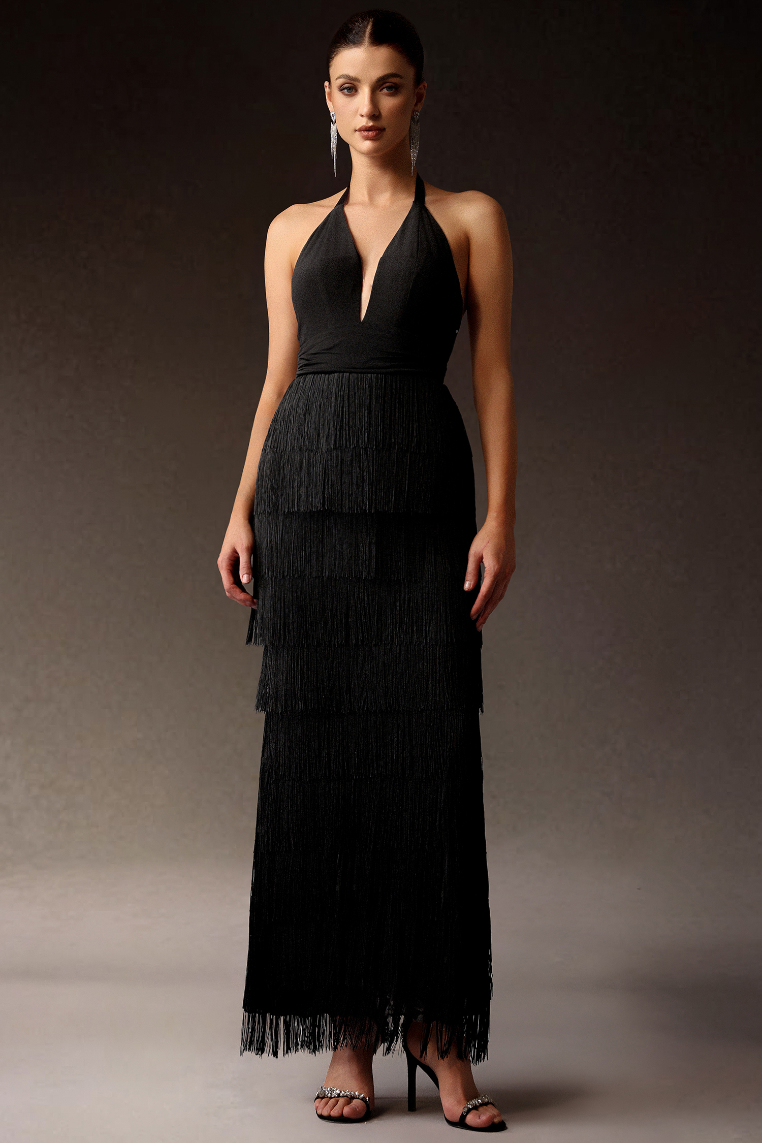 Odely V-Neck Halter Backless Tassel Maxi Dress