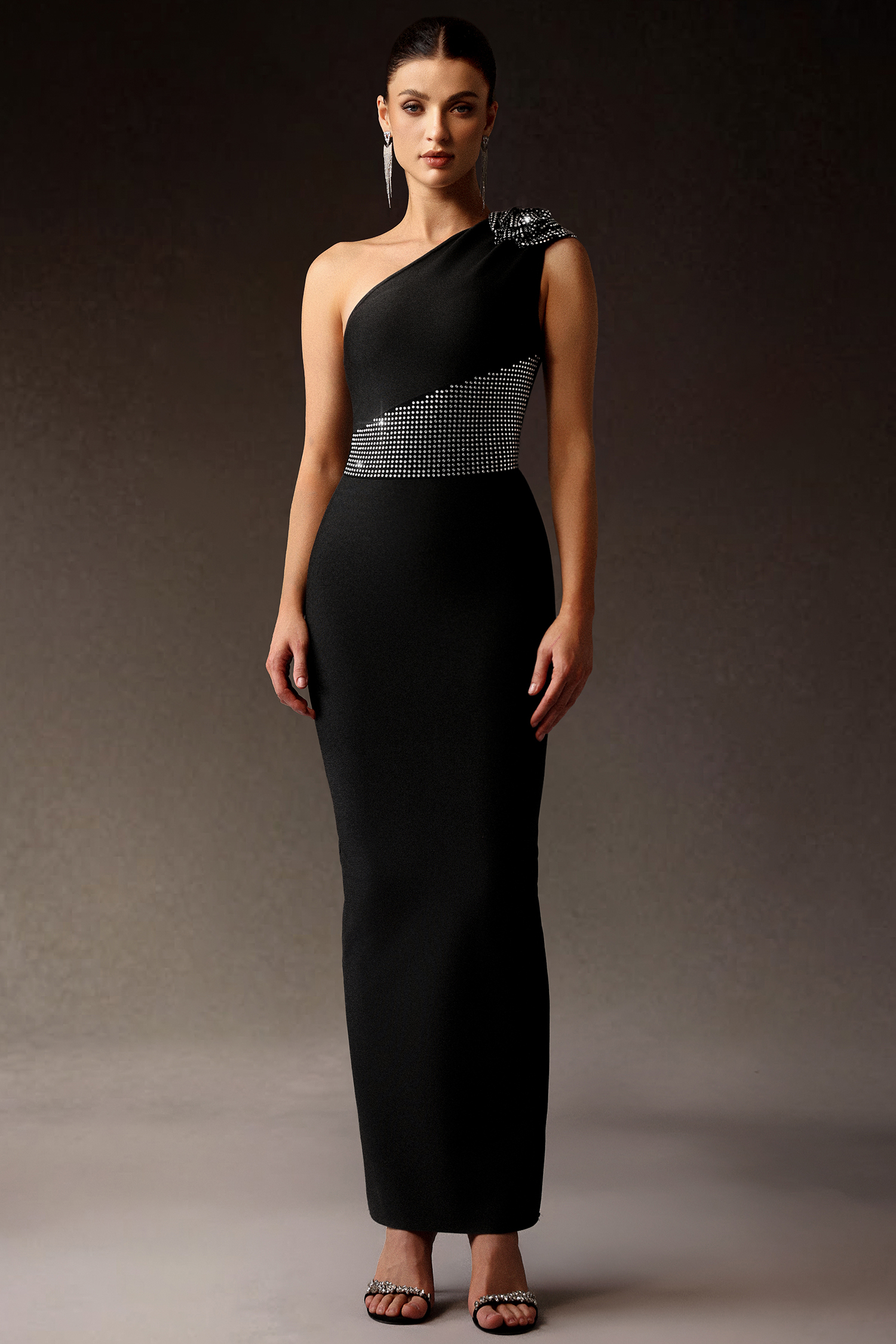 Uhren One Shoulder Diamond Flowers Bandage Maxi Dress