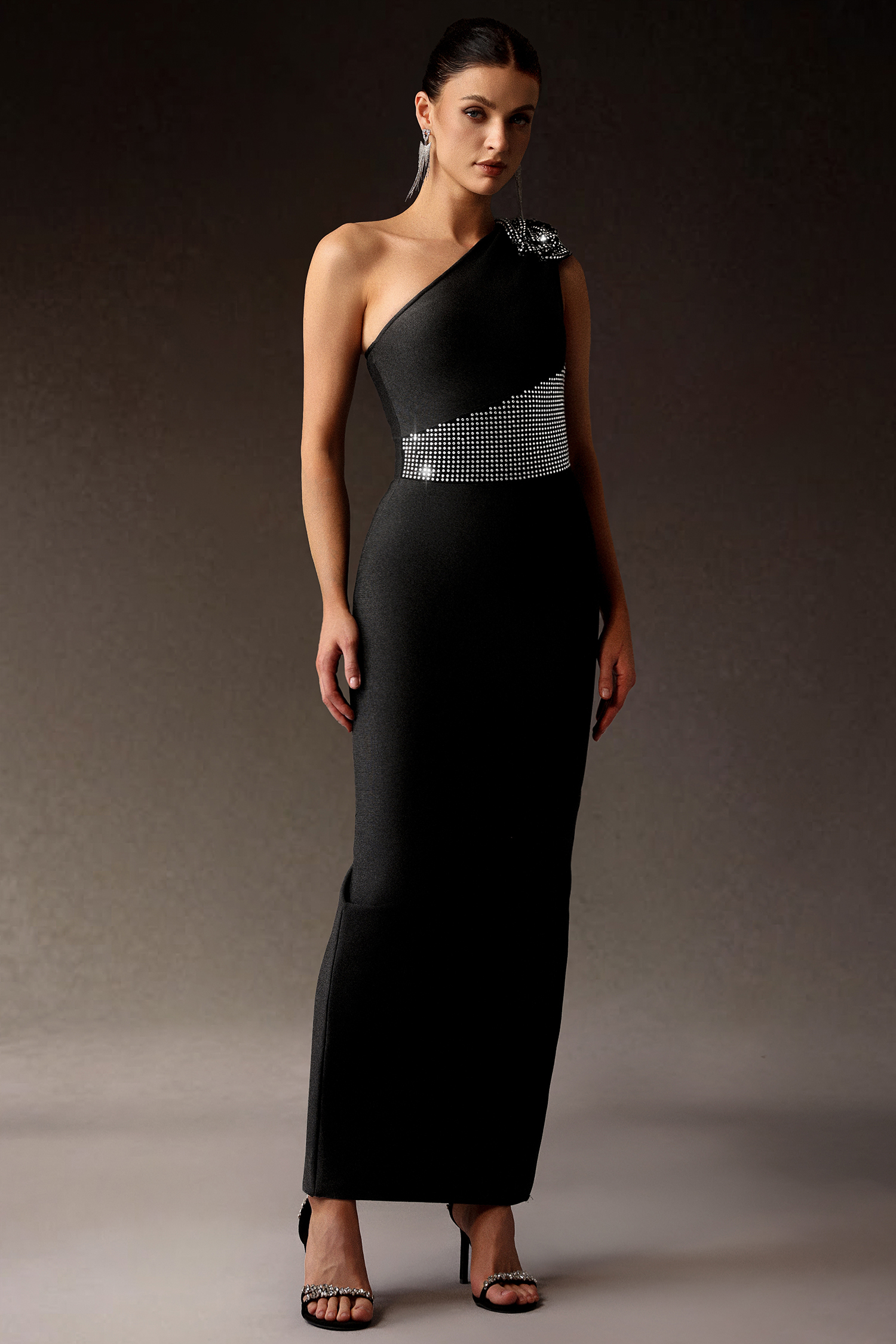 Uhren One Shoulder Diamond Flowers Bandage Maxi Dress