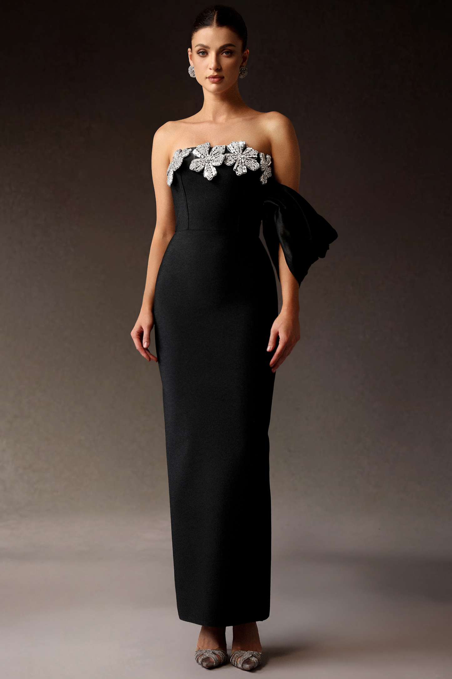 Fawn One Shoulder Diamond Flowers Maxi Dress