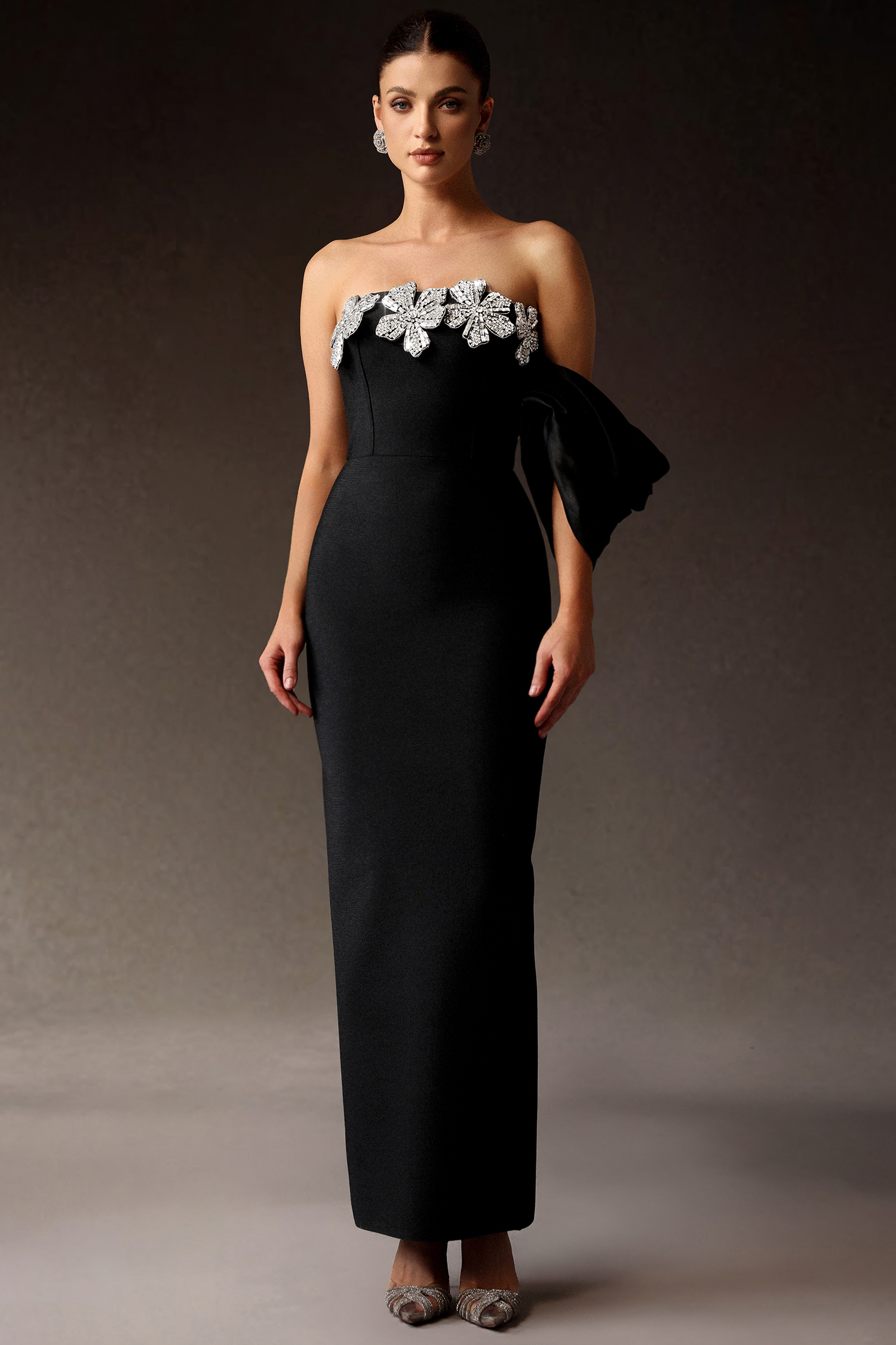 Fawn One Shoulder Diamond Flowers Maxi Dress