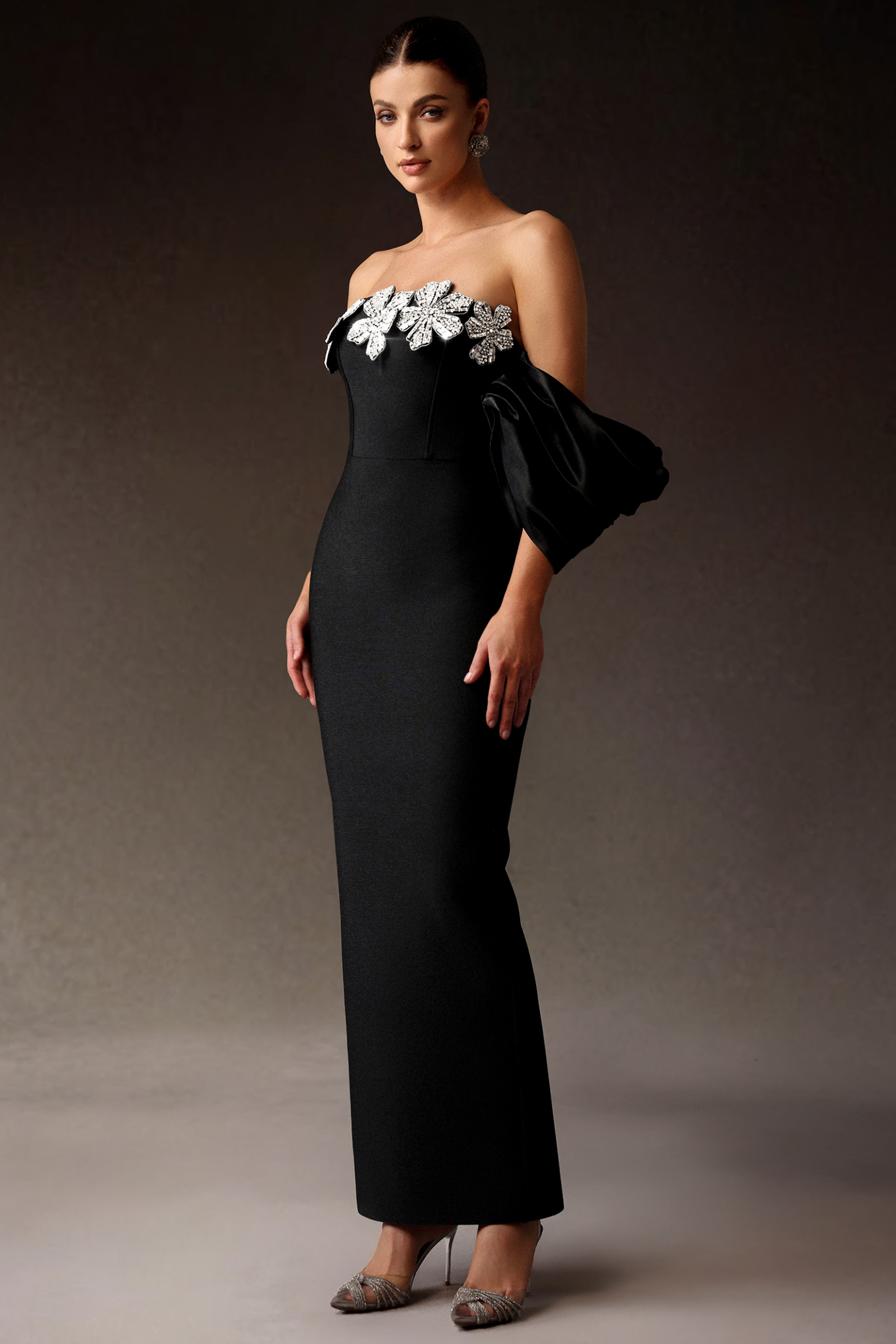 Fawn One Shoulder Diamond Flowers Maxi Dress