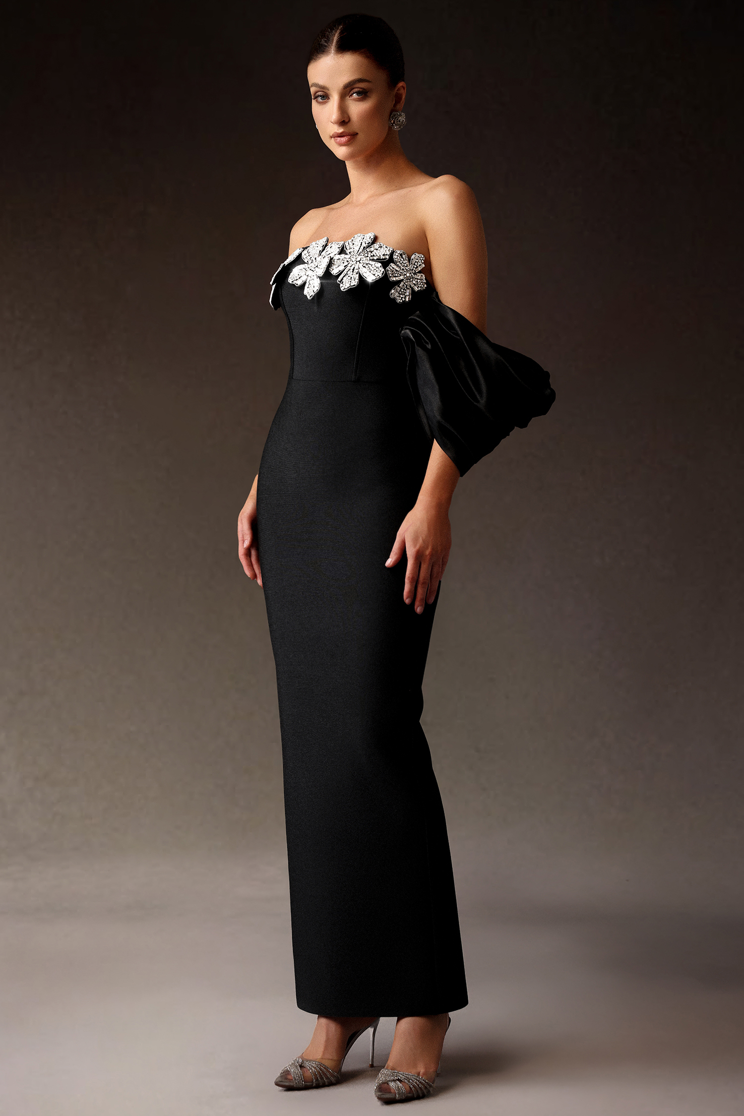 Fawn One Shoulder Diamond Flowers Maxi Dress