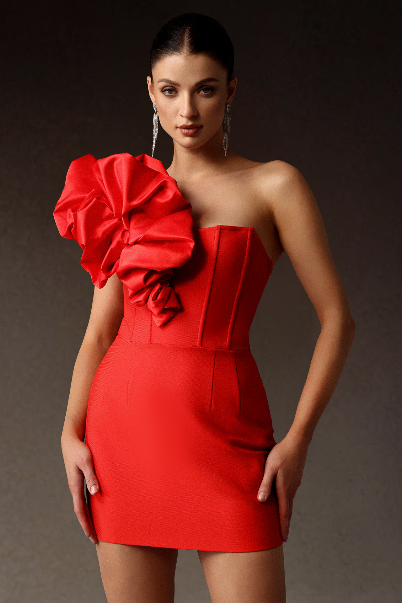 Rebekah One Shoulder Flowers Bandage Mini Dress