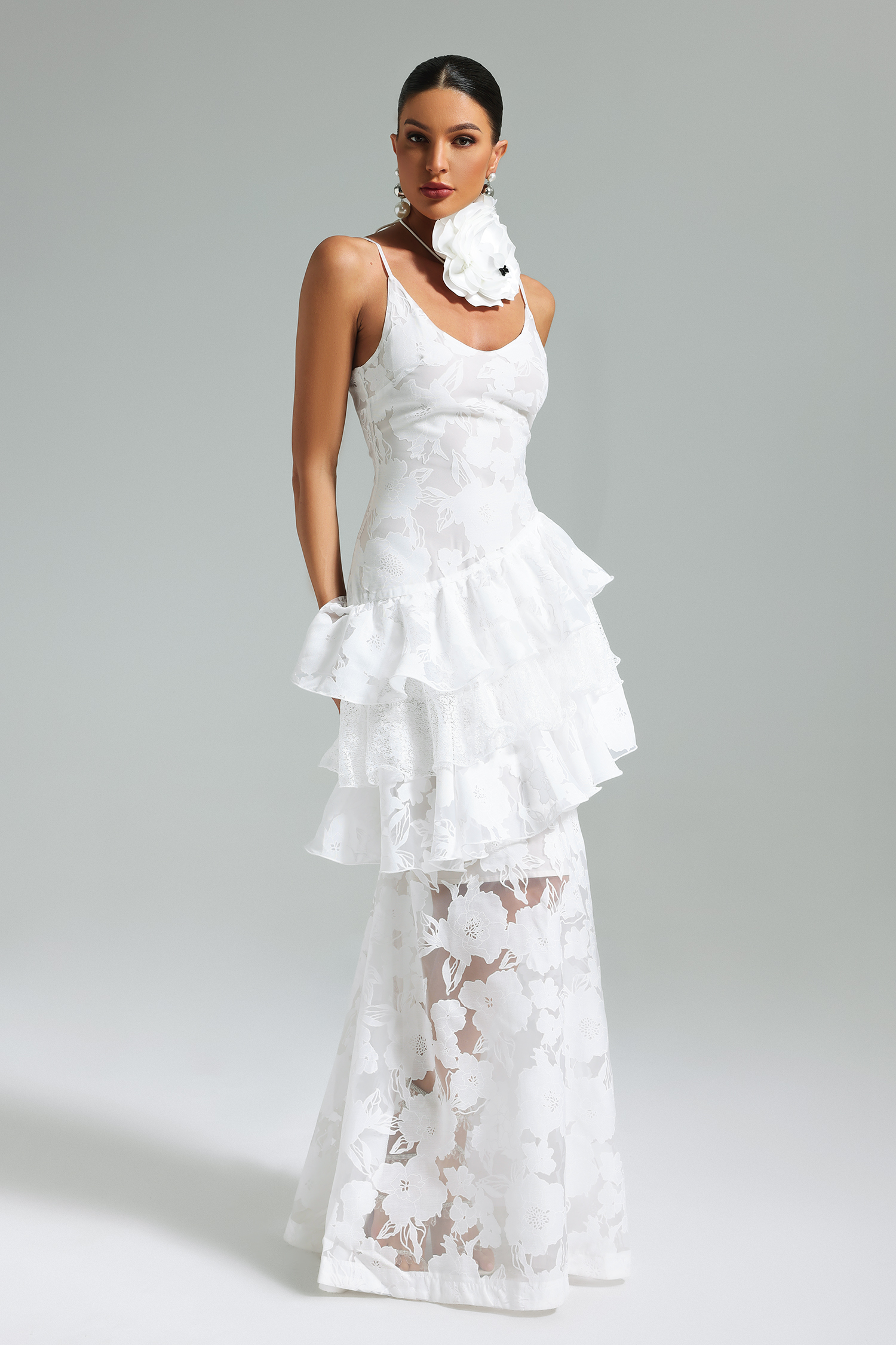 Kuller Flower Lace Ruffled Maxi Dress