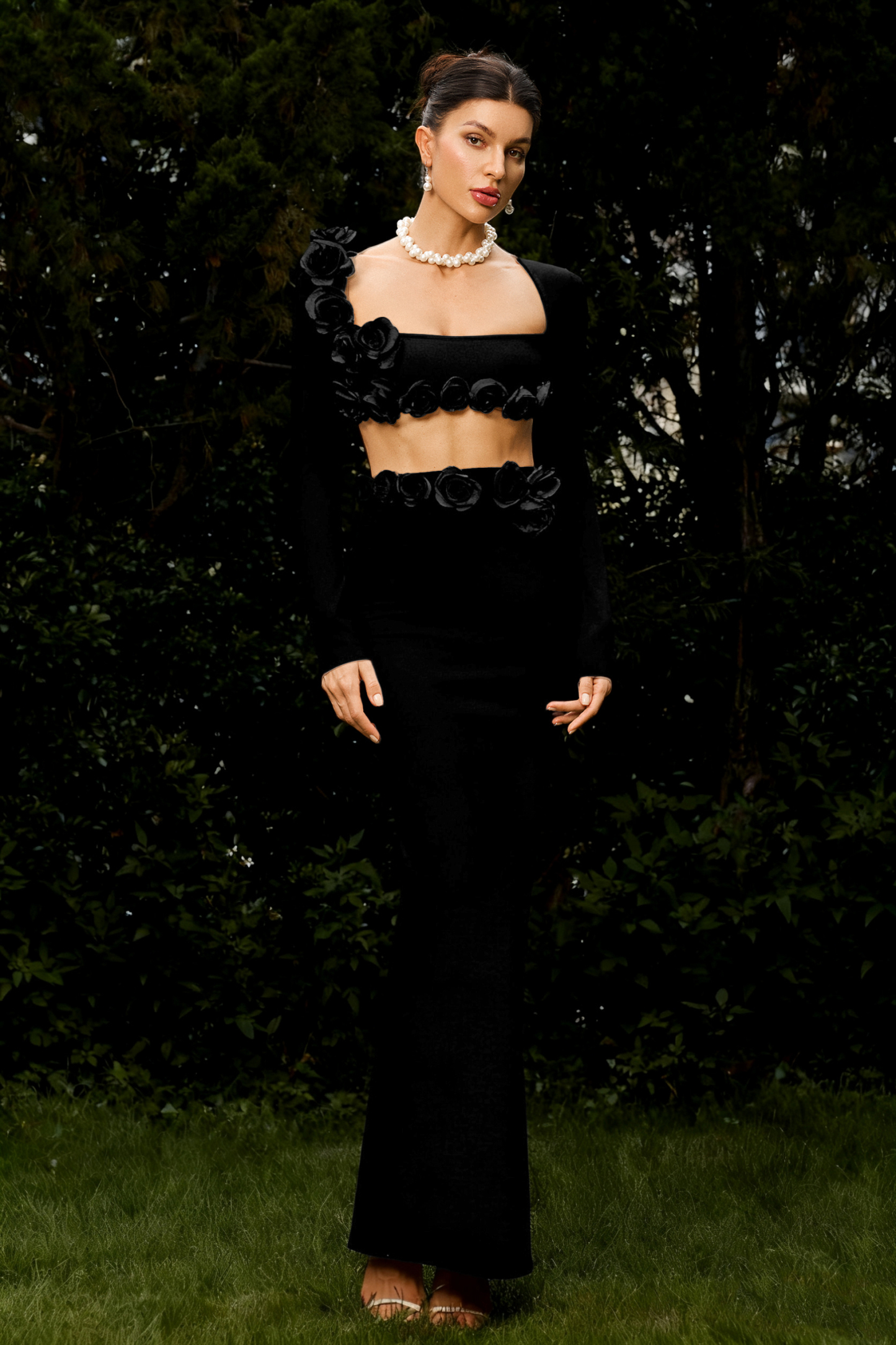 Lionce Flower Squared Neck Black Skirt Set