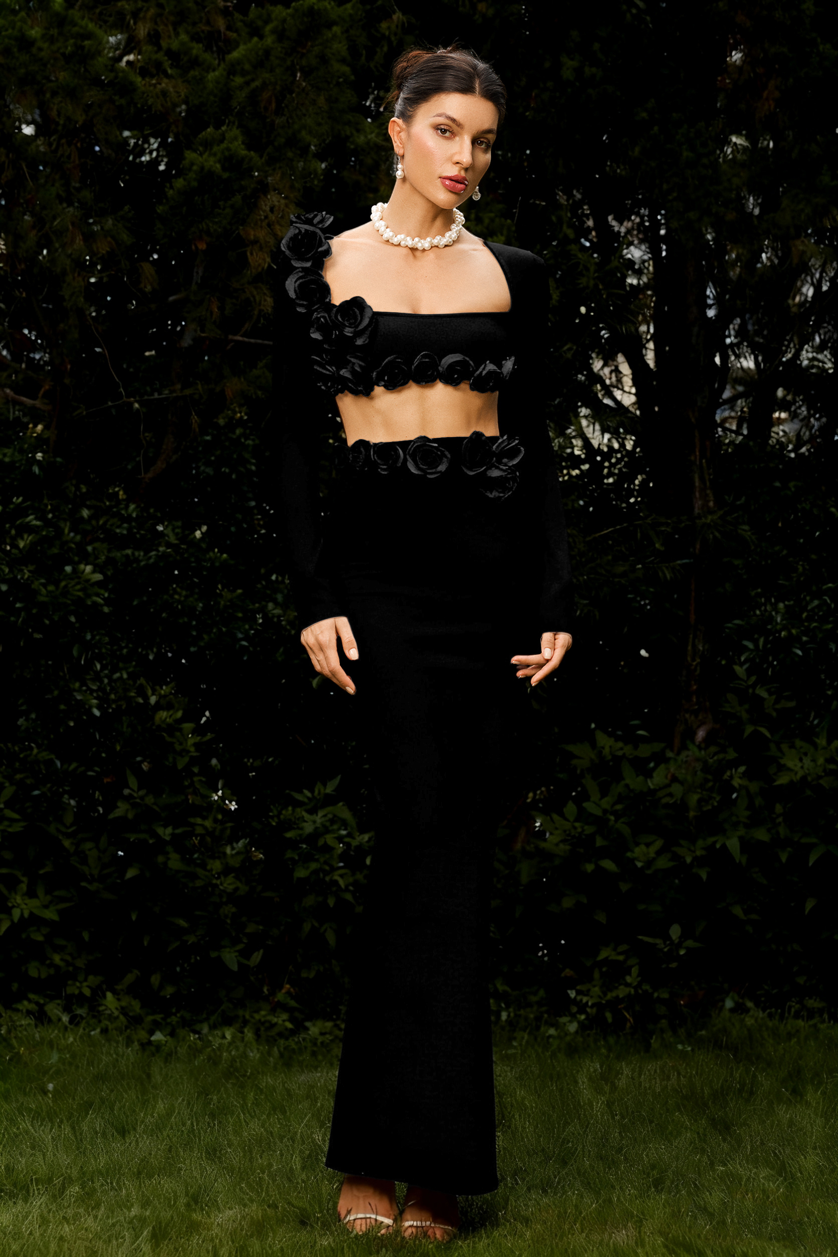 Lionce Flower Squared Neck Black Skirt Set