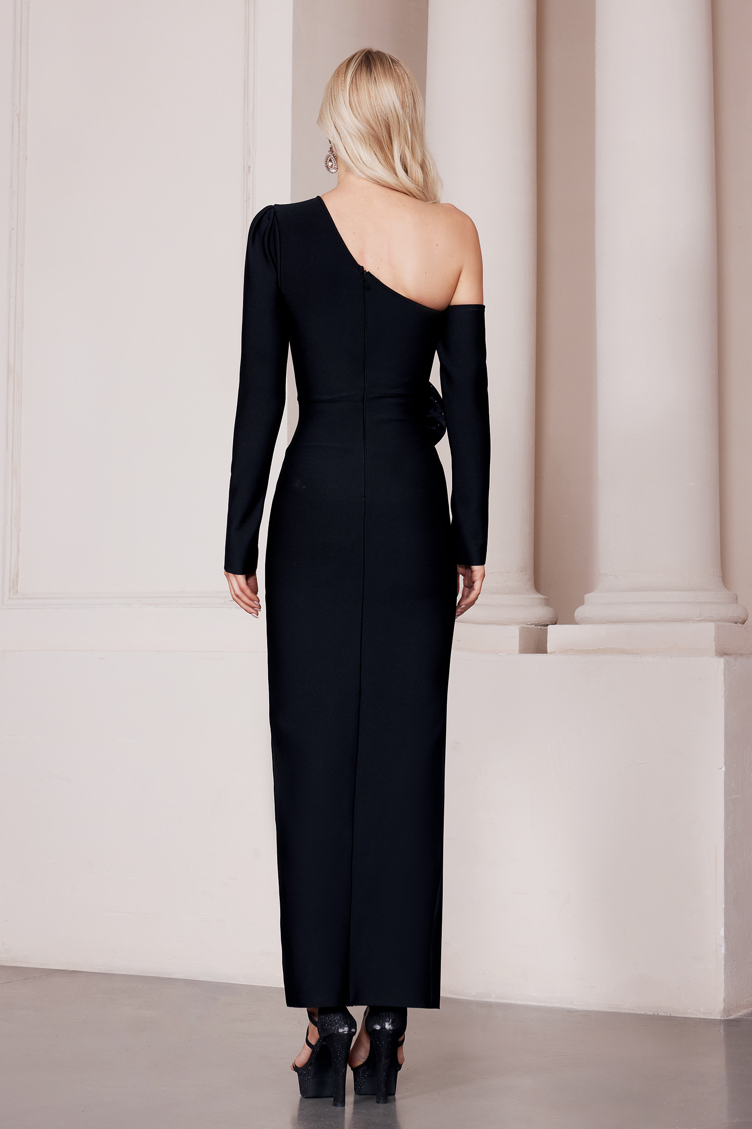 Venia One Shoulder Diamante Flower Slit Dress