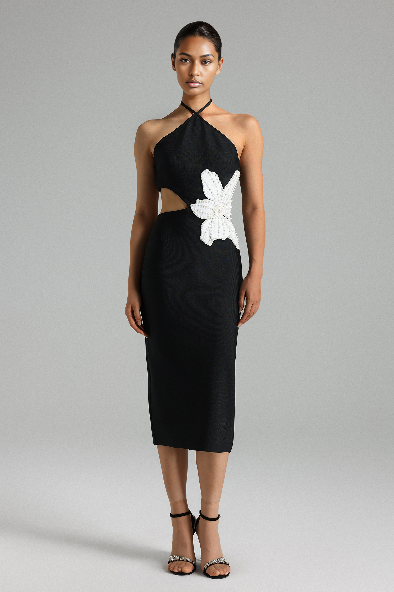 Clara Halterneck Flower Bandage Midi Dress