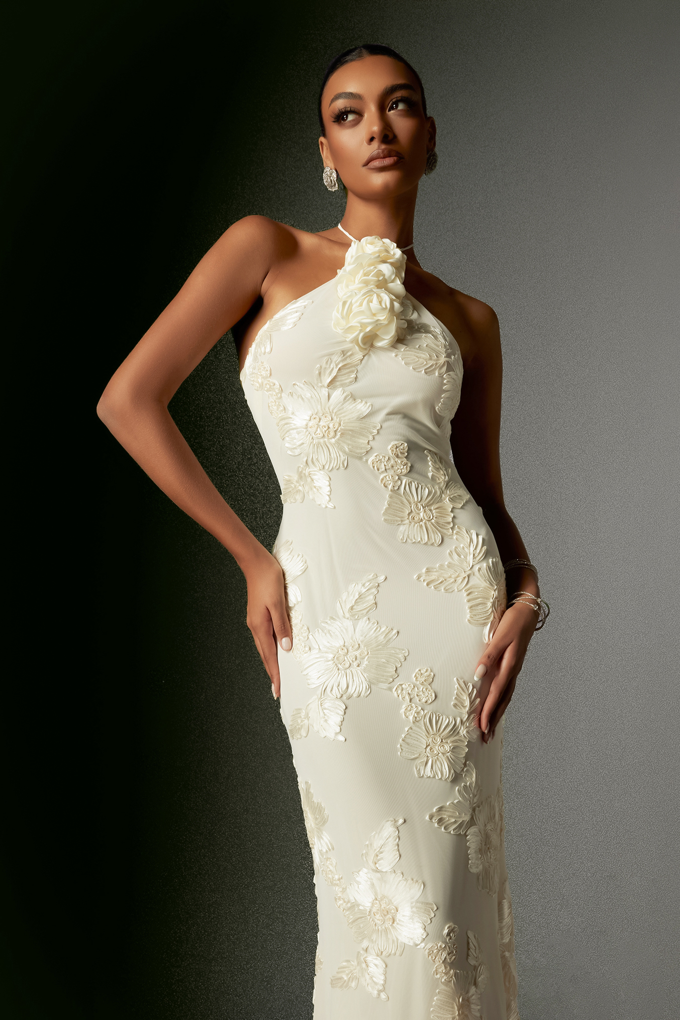 Griselda Flower Halter Embroidery Maxi Dress - White