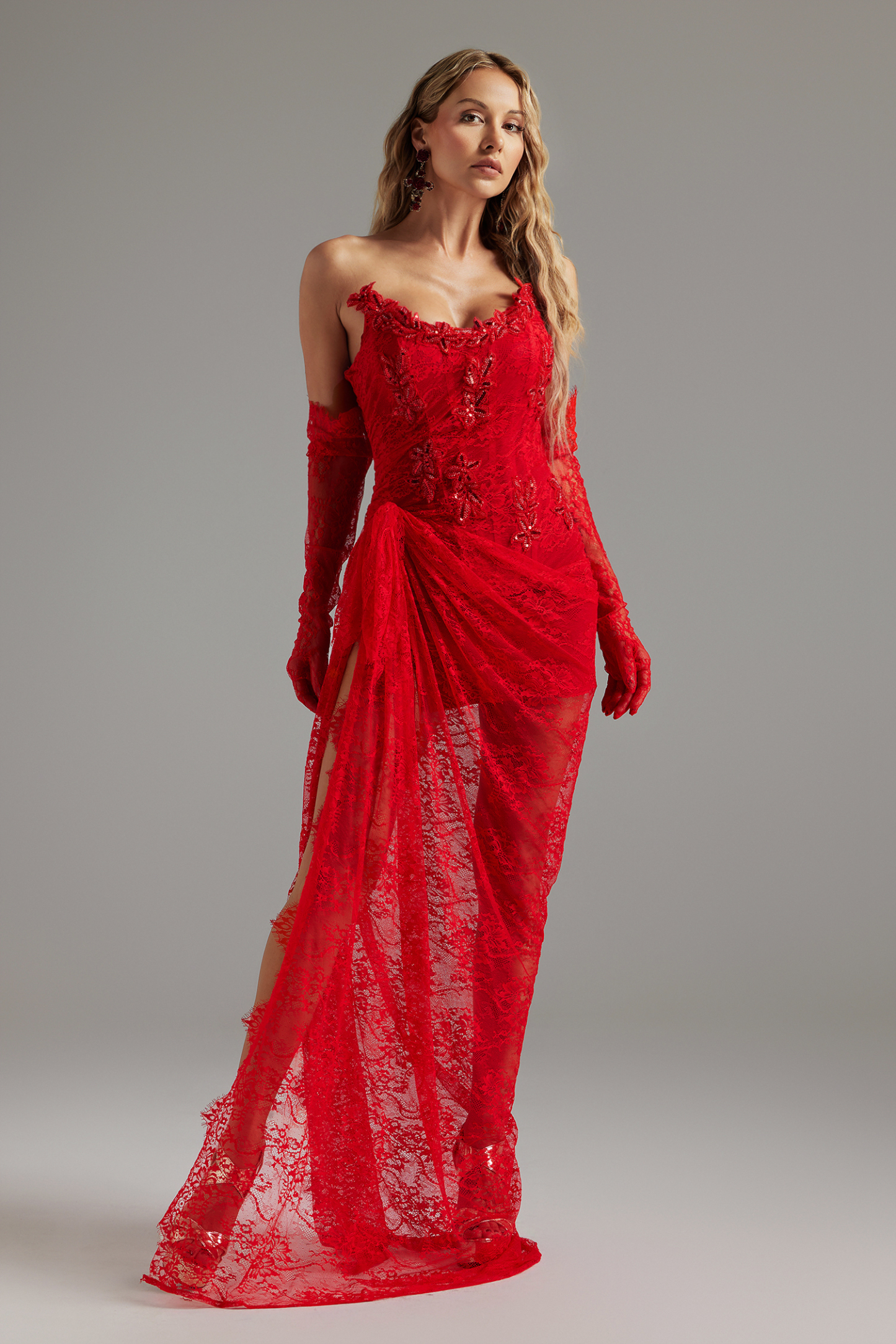 Thandiwe Lace Strapless Maxi Dress - Red