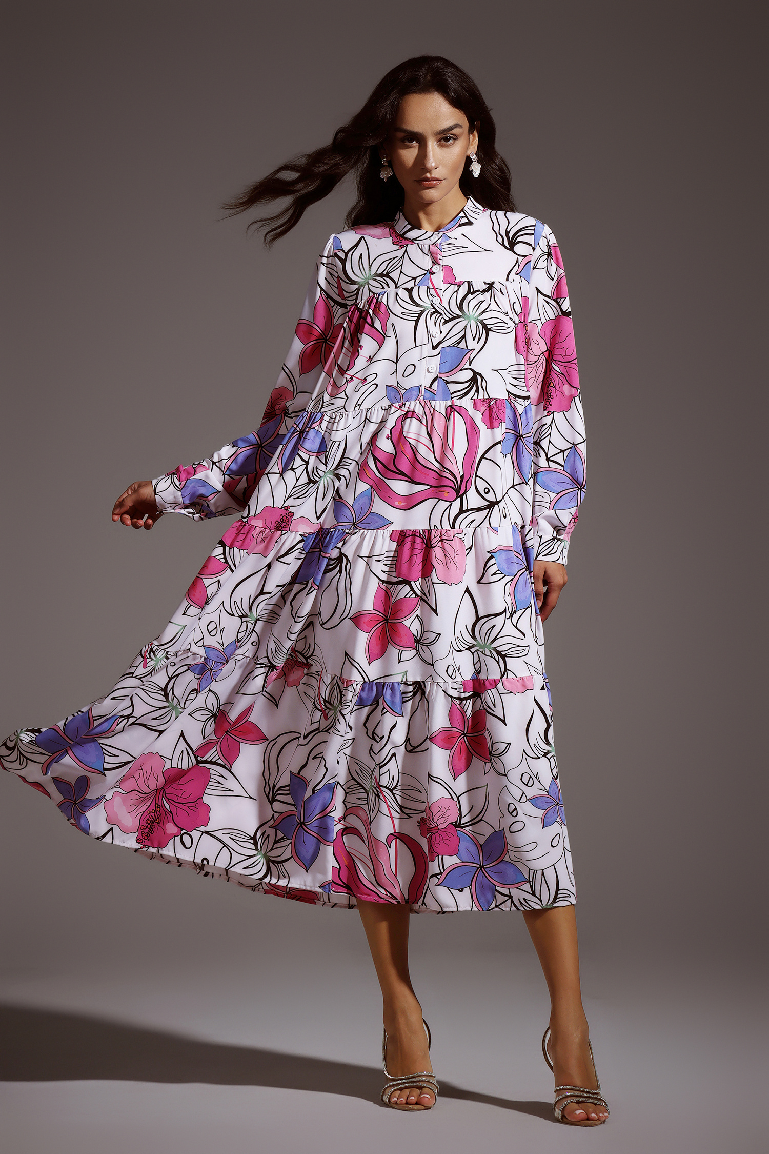Verdad Long Sleeves Floweer Maxi Dress