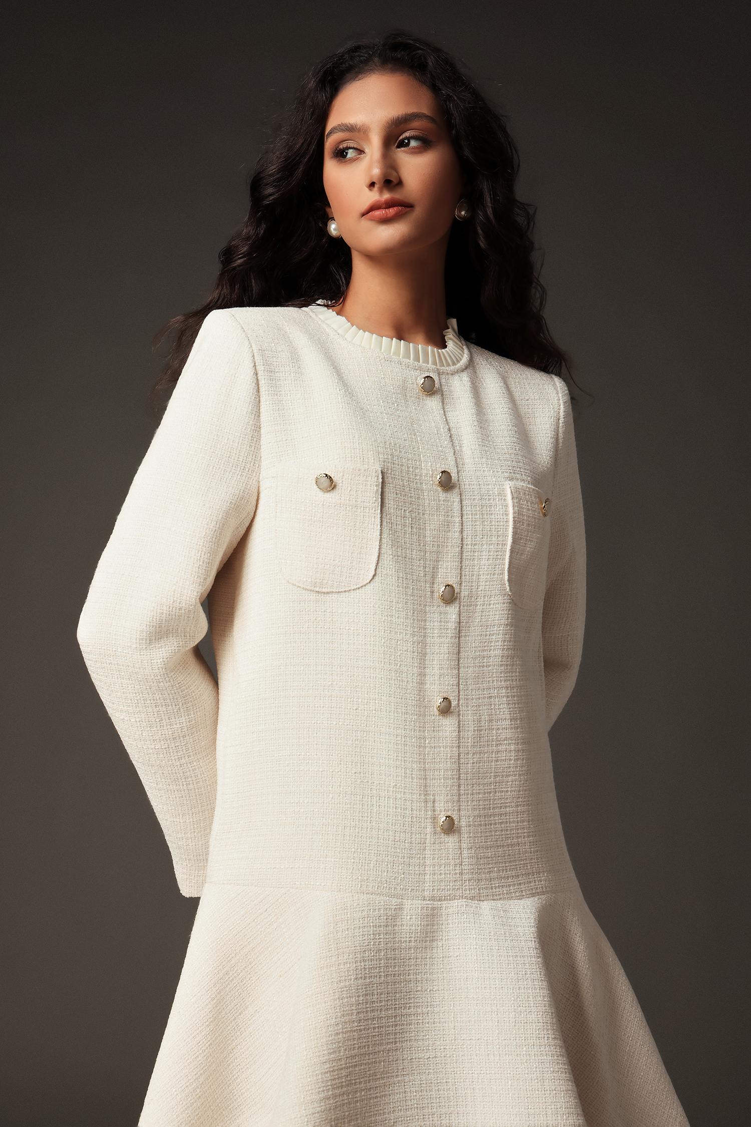 Tusare Round Neck Long Sleeves Mini Dress