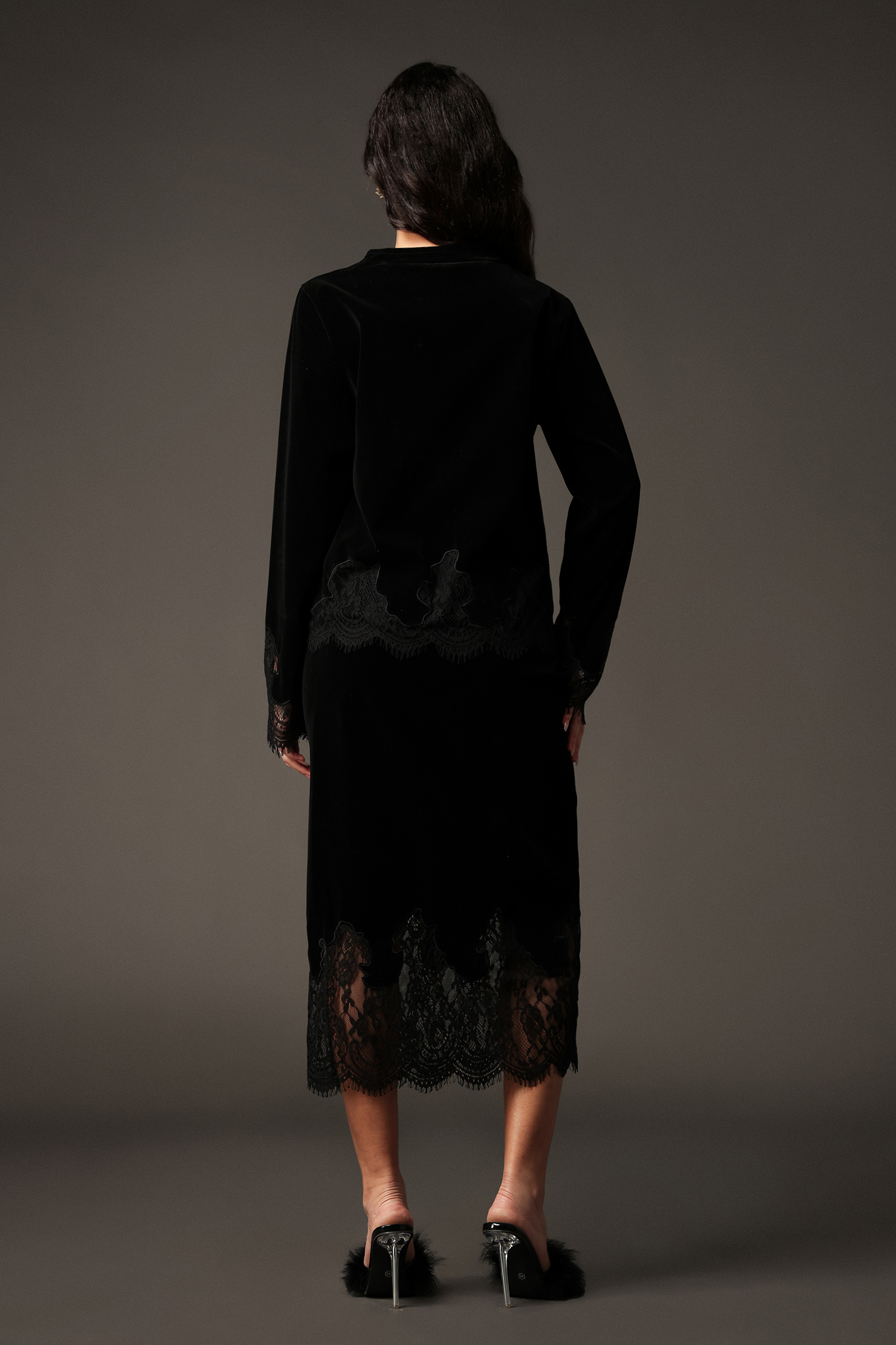 Martha V-Neck Lace Long Sleeves Velvet Two-Piece Set