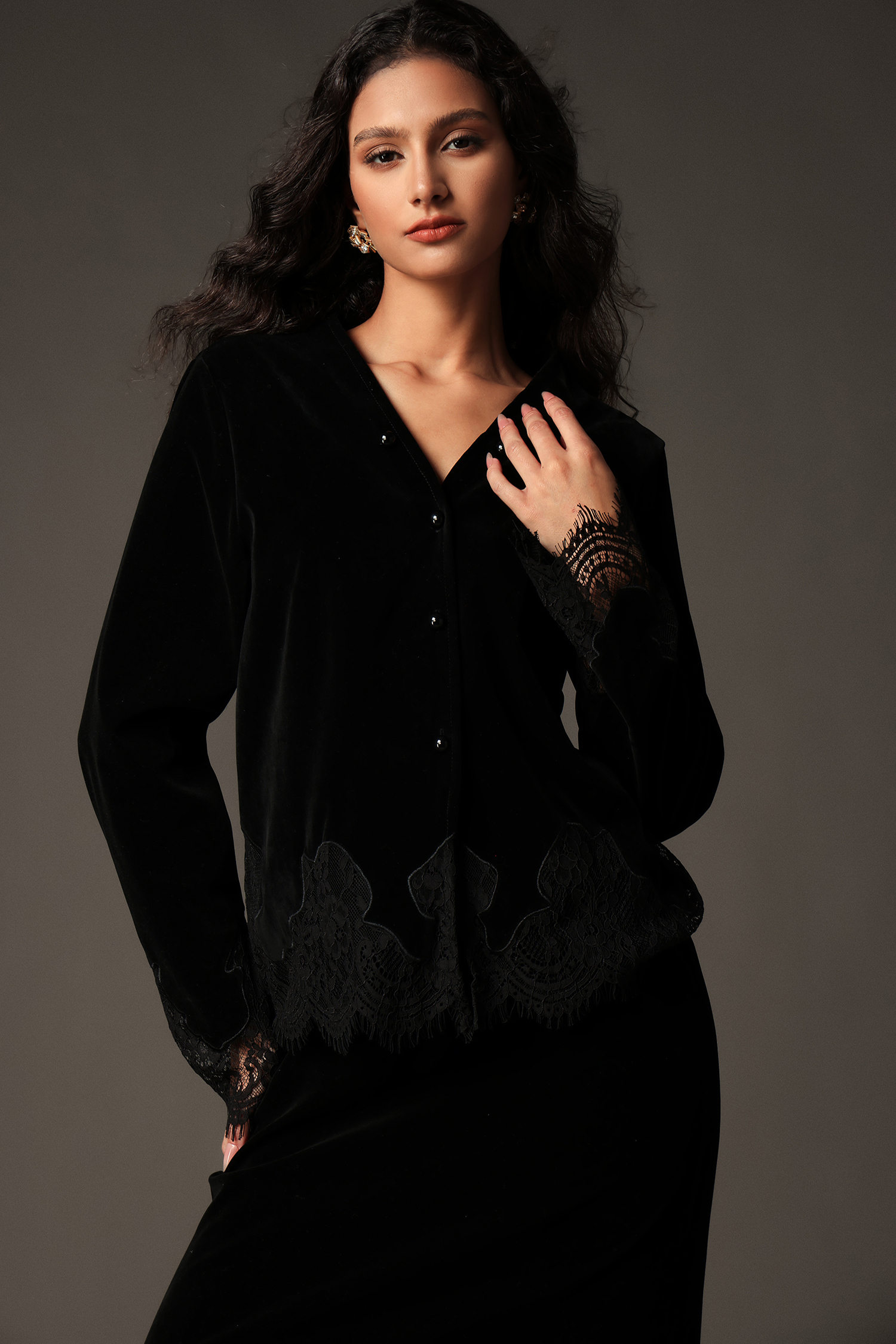 Martha V-Neck Lace Long Sleeves Velvet Two-Piece Set