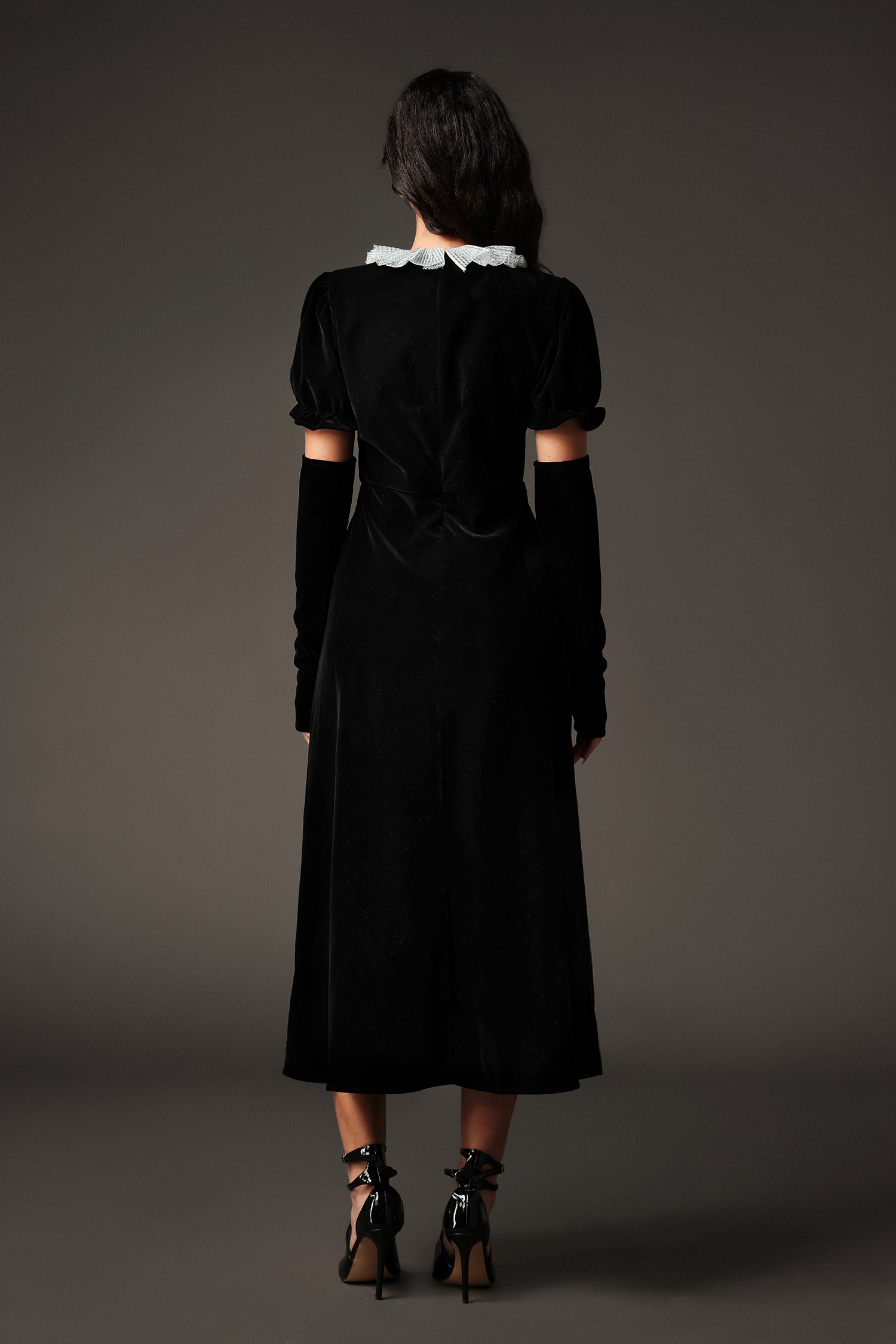 Oana Lace Collar Puff Sleeves Velvet Maxi Dress
