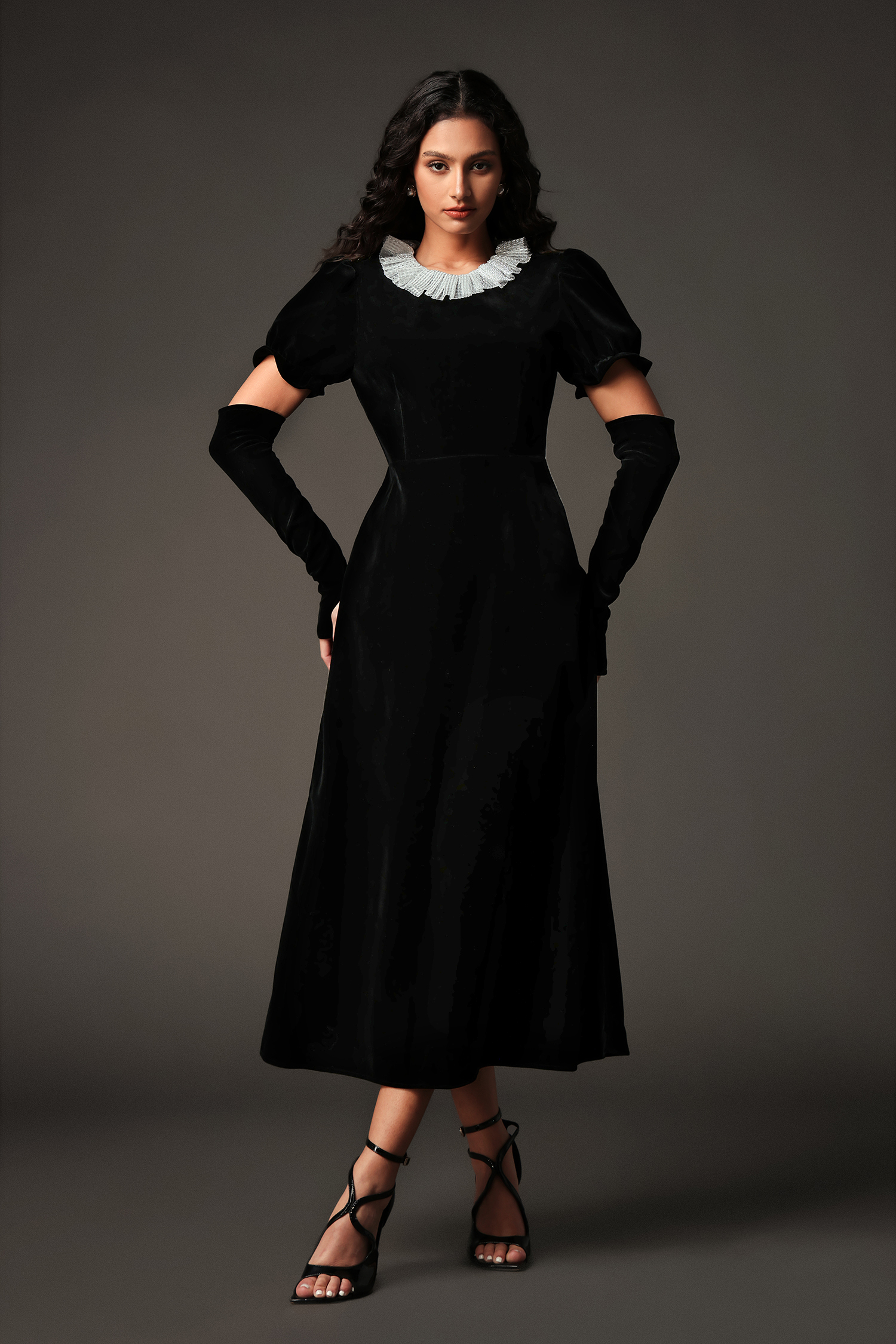 Oana Lace Collar Puff Sleeves Velvet Maxi Dress