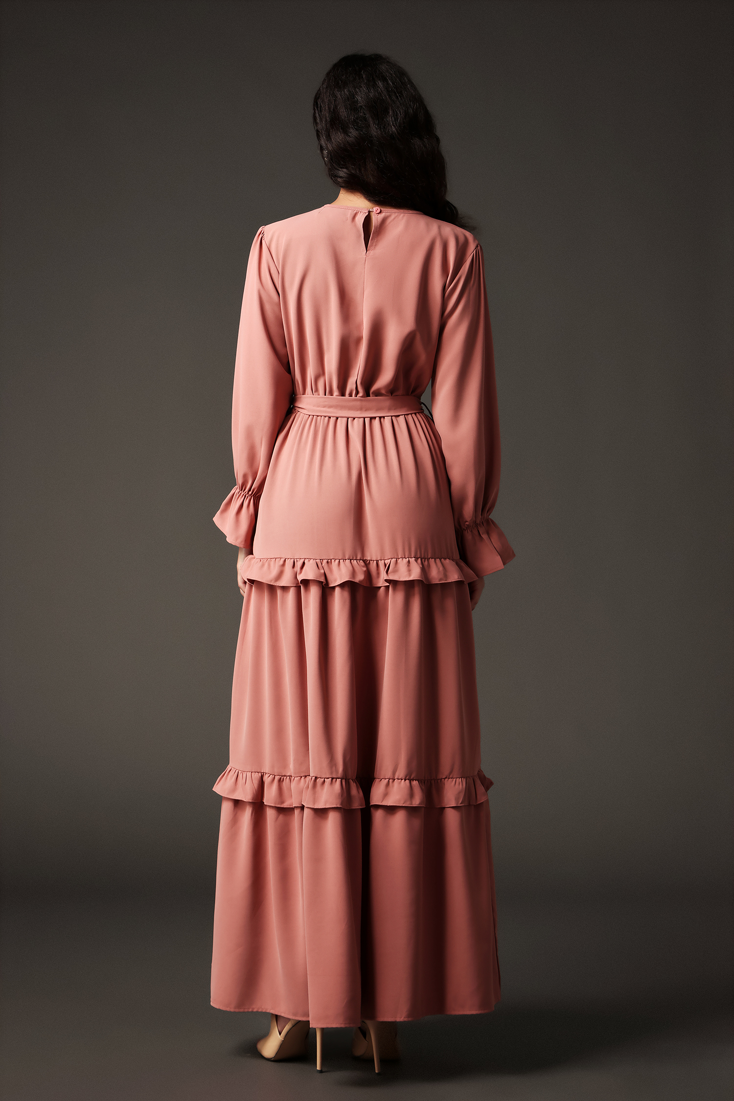 Maggie Round Neck Long Sleeves Ruffled Maxi Dress