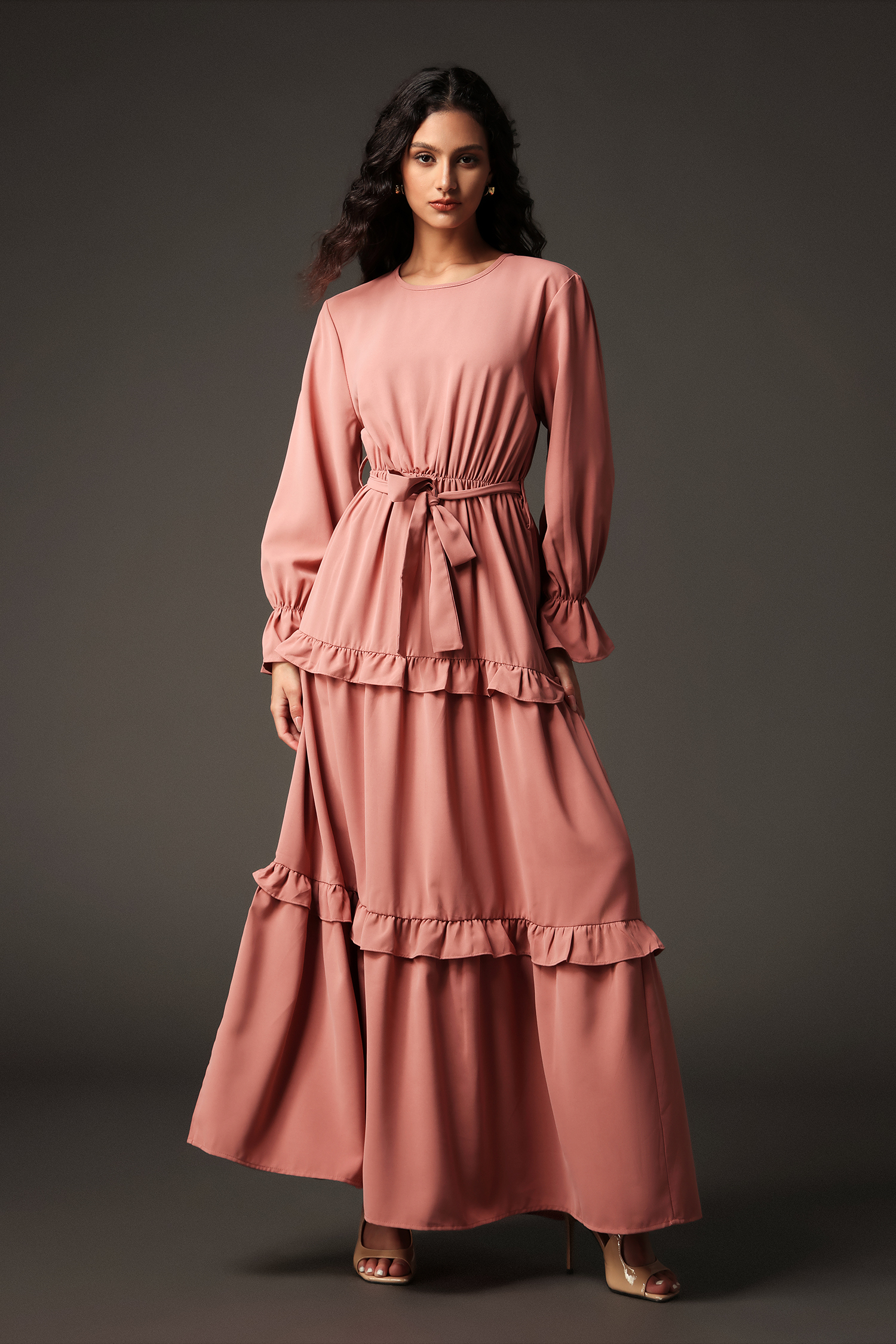 Maggie Round Neck Long Sleeves Ruffled Maxi Dress