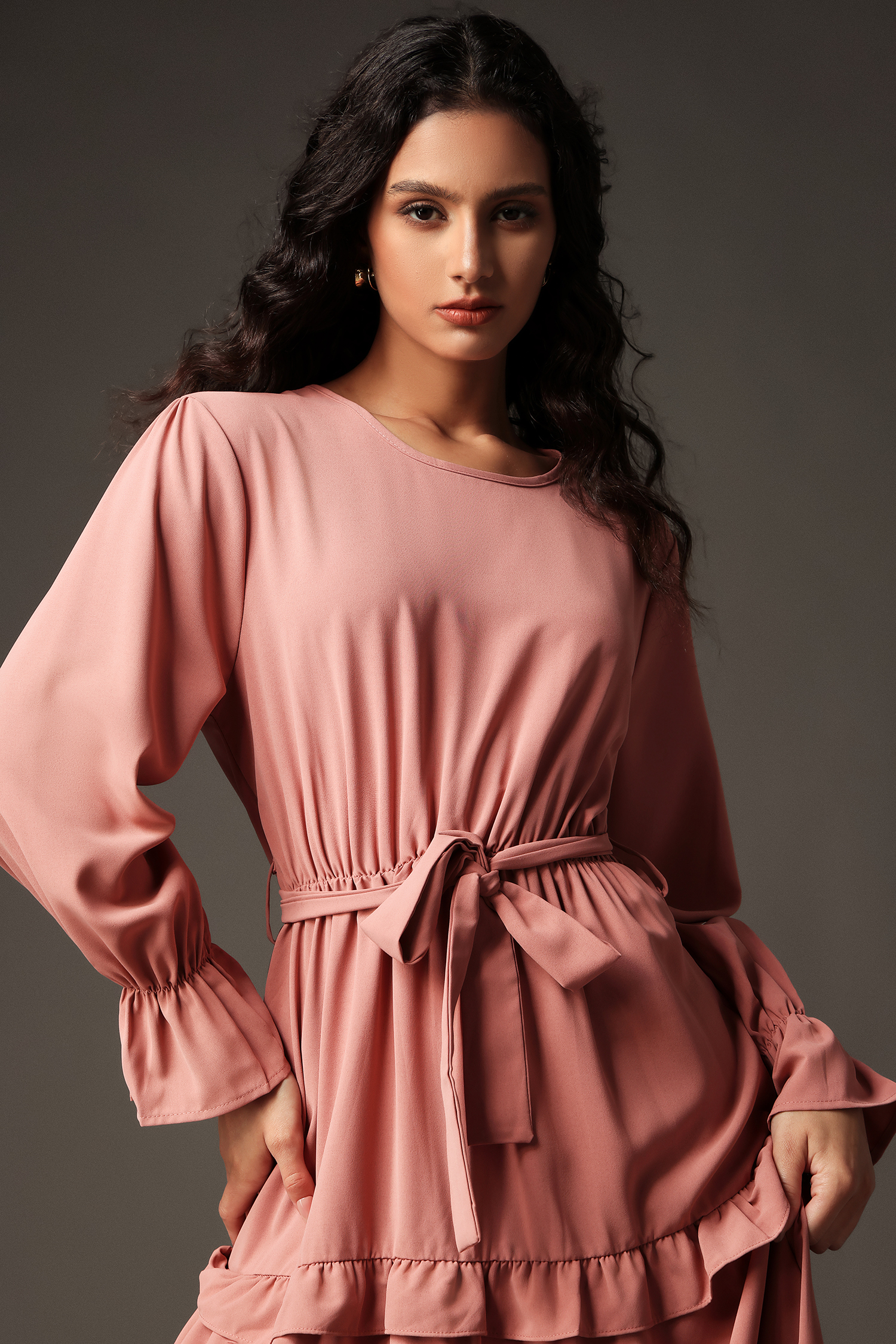 Maggie Round Neck Long Sleeves Ruffled Maxi Dress