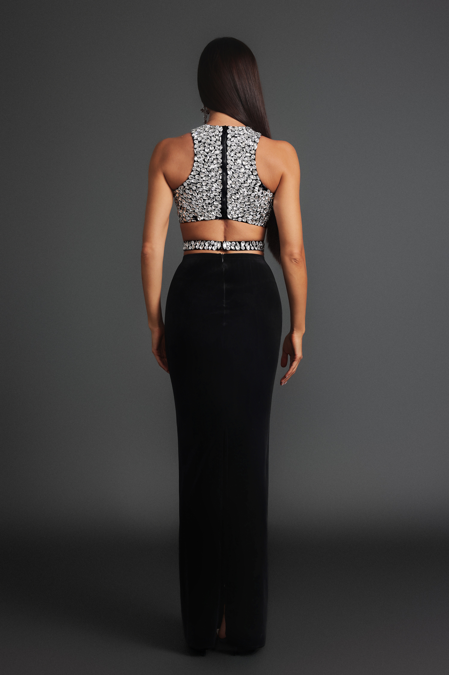 Zamiel Diamond Setting Sleeveless Velour Two-Piece Set
