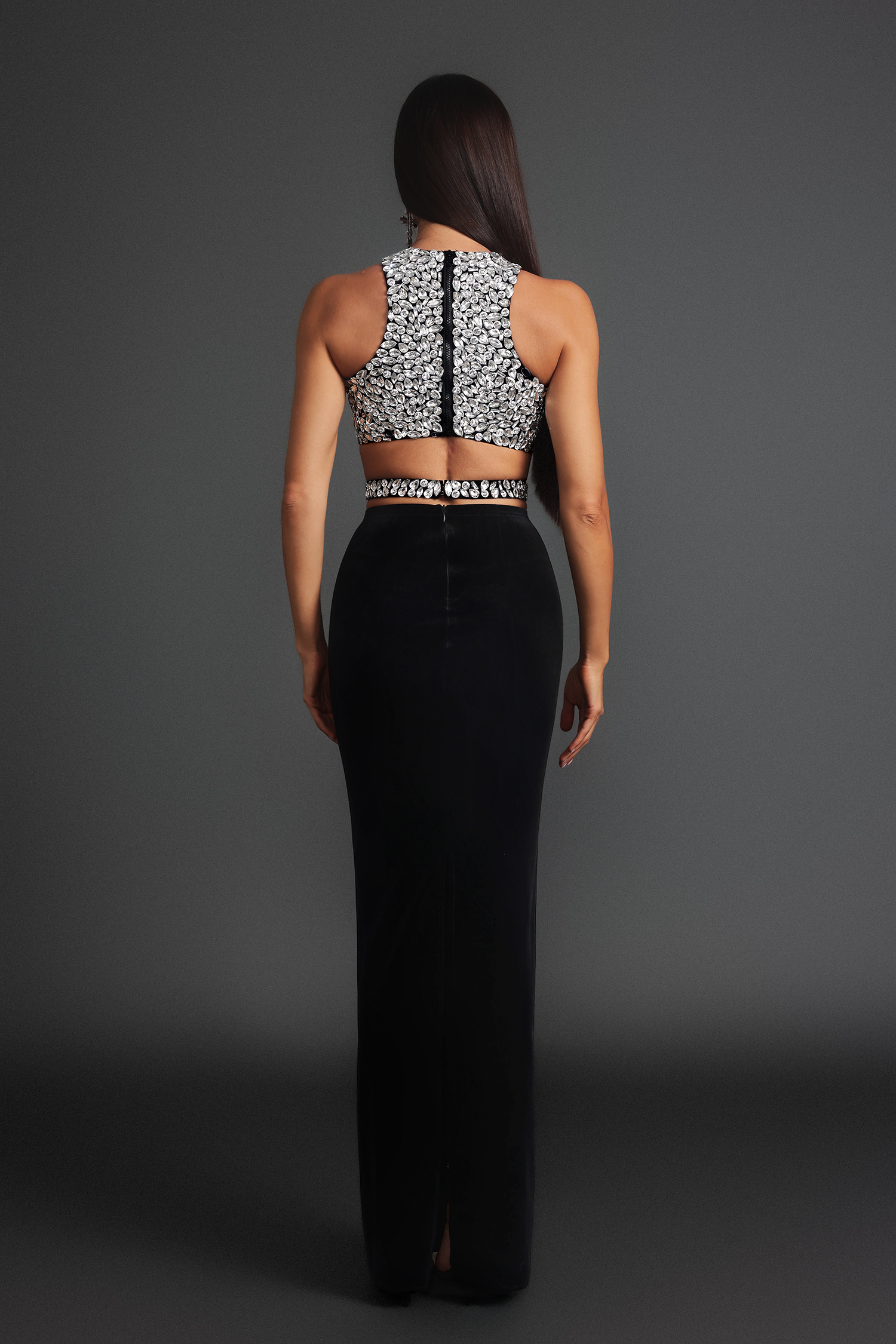 Zamiel Diamond Setting Sleeveless Velour Two-Piece Set