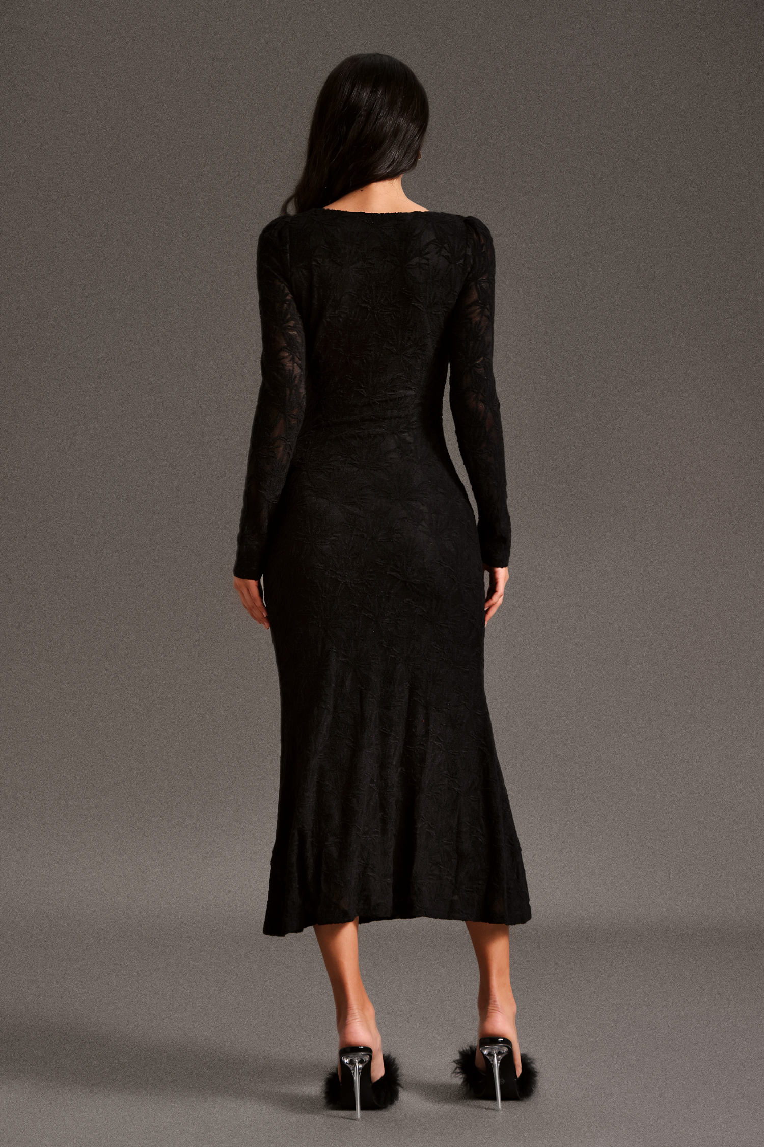 Mia Long Sleeves Lace Fur Maxi Dress