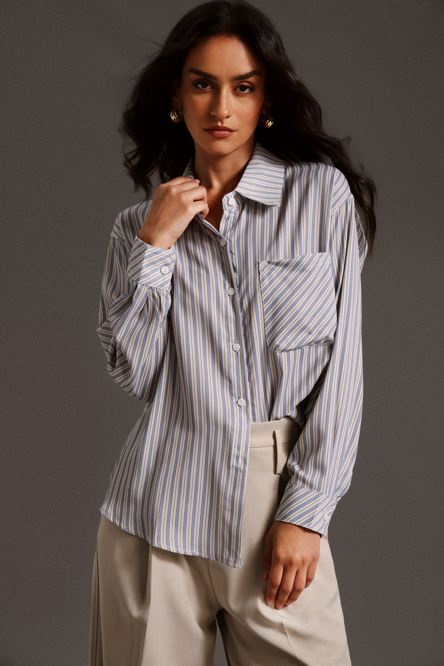 Pamak Long Sleeves Stripe Blouse