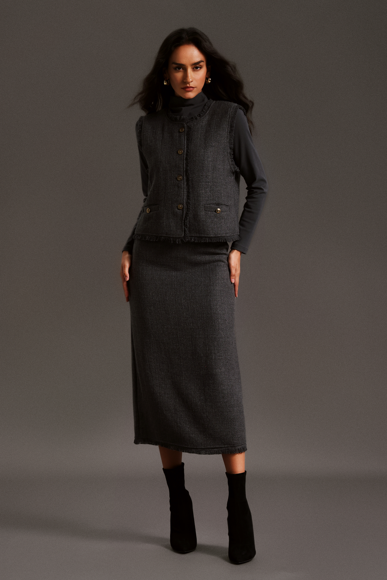 Xenia Long Sleeves Vest Skirt Set